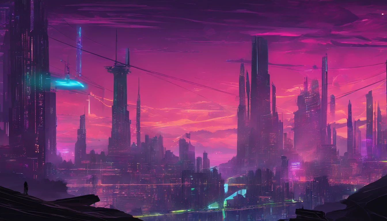 (obra prima) cidade no estilo cyberpunk, illuminated sky, neon light, imagem vista do zero, paisagem ampla, cidade futurista