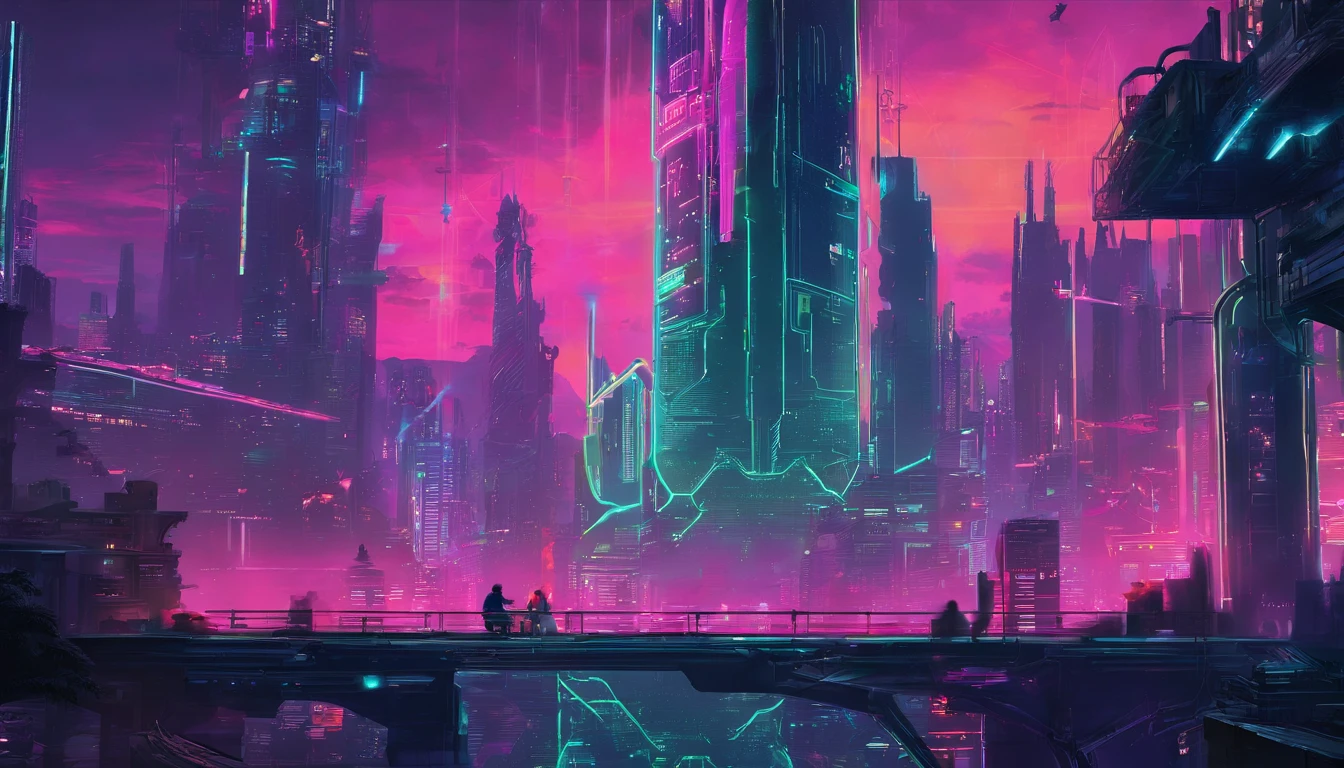 (obra prima) cidade no estilo cyberpunk, illuminated sky, neon light, imagem vista do zero, paisagem ampla, cidade futurista