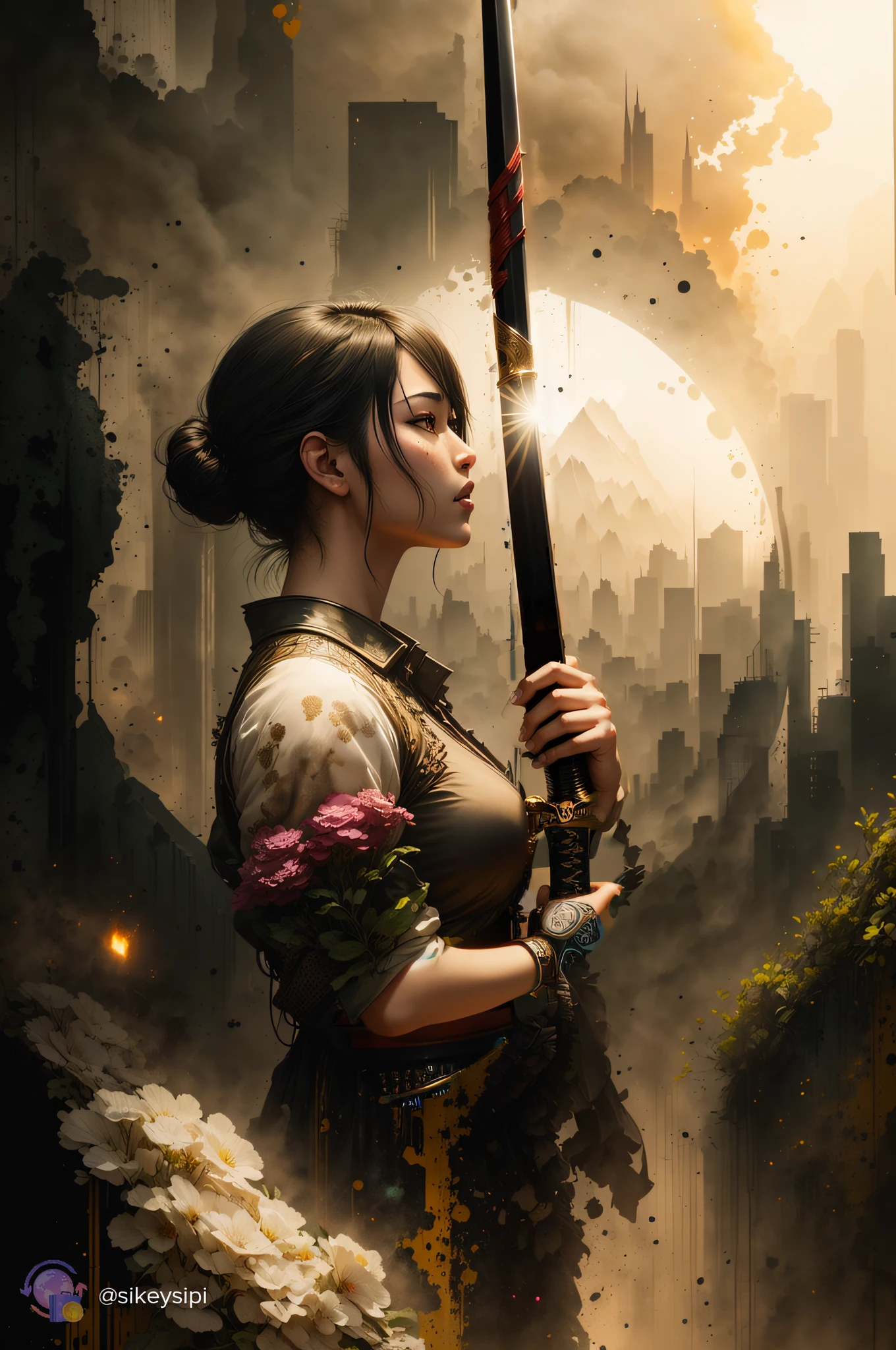 pintura de uma mulher segurando uma katana, Arte no estilo de Guweiz, Epic Fantasy Digital Art Style, she is holding a katana sword, Arte de fantasia 4k, arte de fantasia urbana estilizada, samurai cyberpunk muito bonito, Wojtek FUS, bela arte digital, Arte digital altamente detalhada em 4k, Ross Tran 8 K, 8k arte impressionante