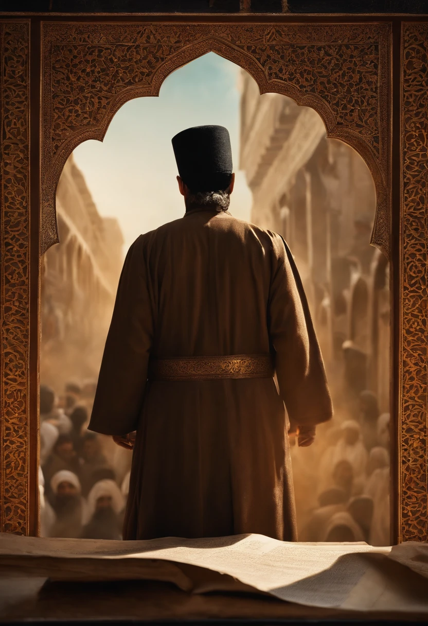 Imam Ali from behind, showing an old paper to the people around him