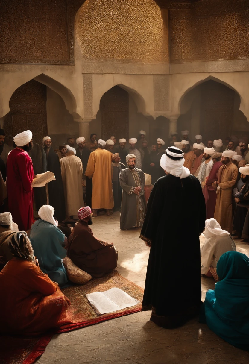 Imam Ali from behind, showing an old paper to the people around him