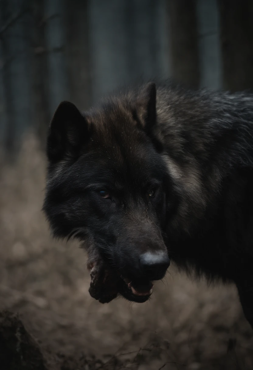 black strong wolf in black costume. smoking in mouthe