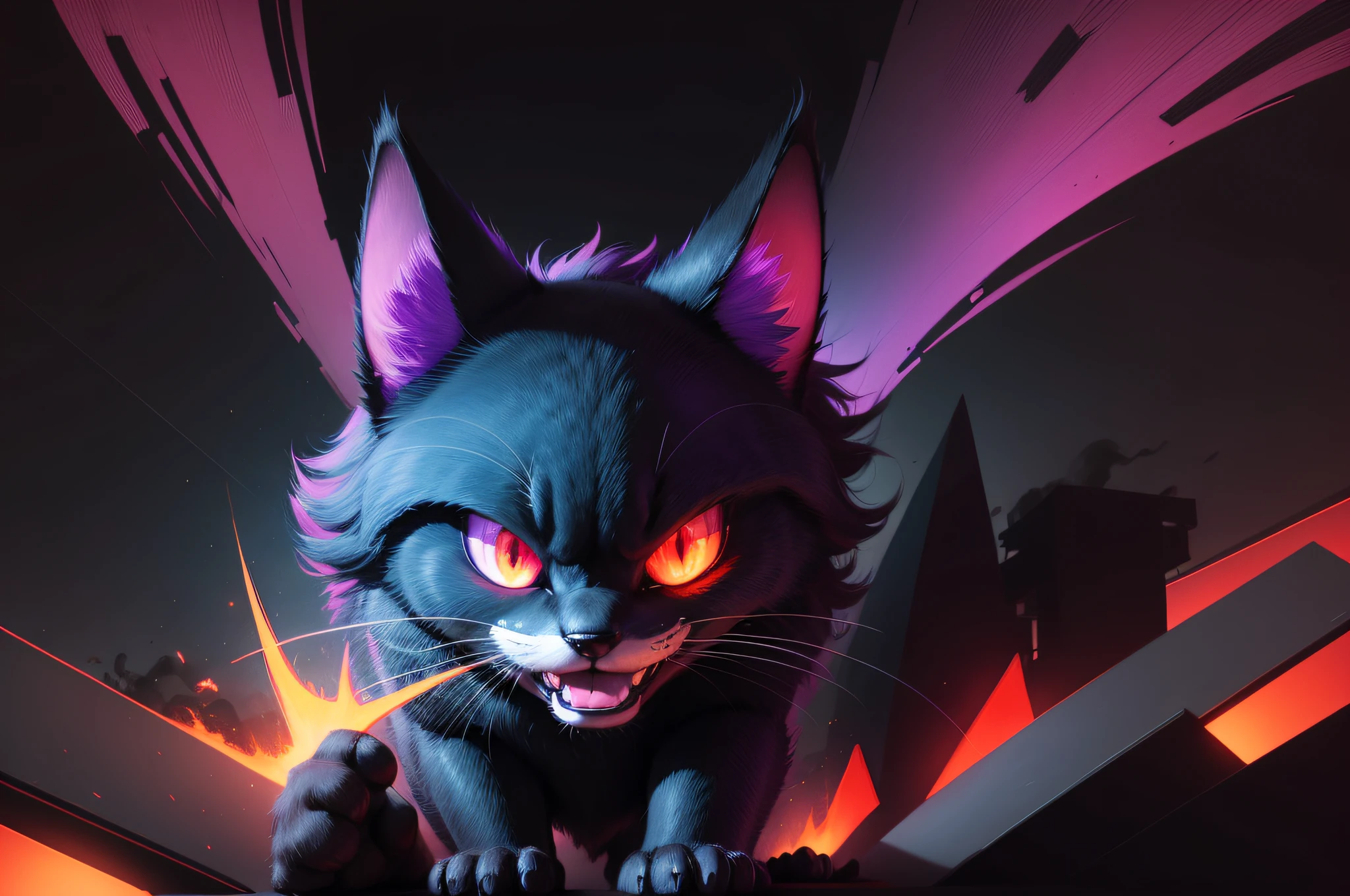 high quality digital art, purple red and black neon lines sketch art, dark black background, Blaze the cat from Sonic the hedgehog who has evil glowing red eyes, holding a teal square chip, smiling evilly, big teeth, wispy lines, smoky clouds in the background