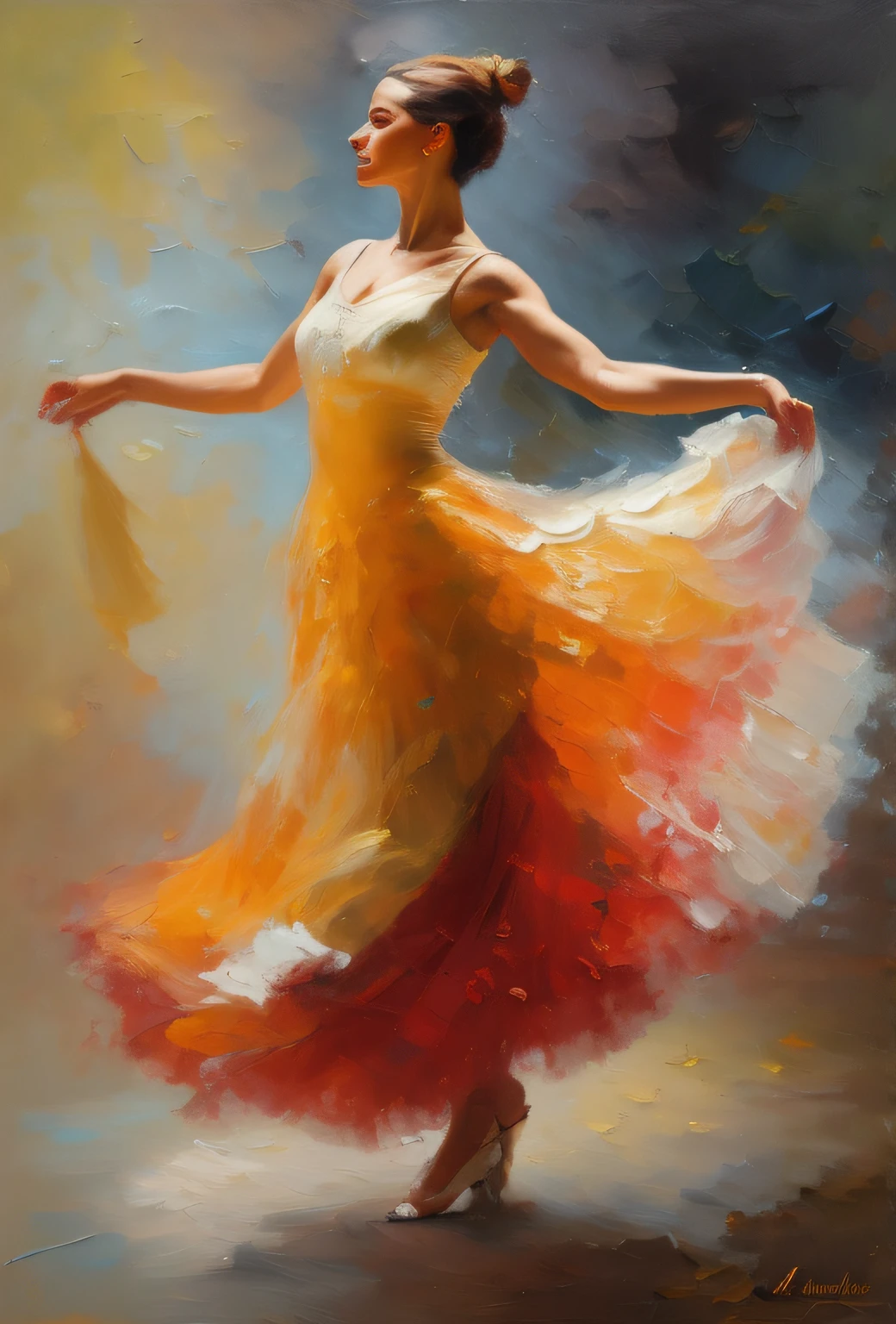 Pintura de una mujer con un vestido amarillo bailando, Bailando con gracia, Elegant oil painting, digital art oil painting, in the first oil painting, inspirado por Olha Darchuk, oil art, Hermoso arte UHD 4 K, Baile sensual, smooth oil painting, Al estilo de Steve Henderson, Steve Henderson, oil - painting, painting oil painting, Elegante pintura digital