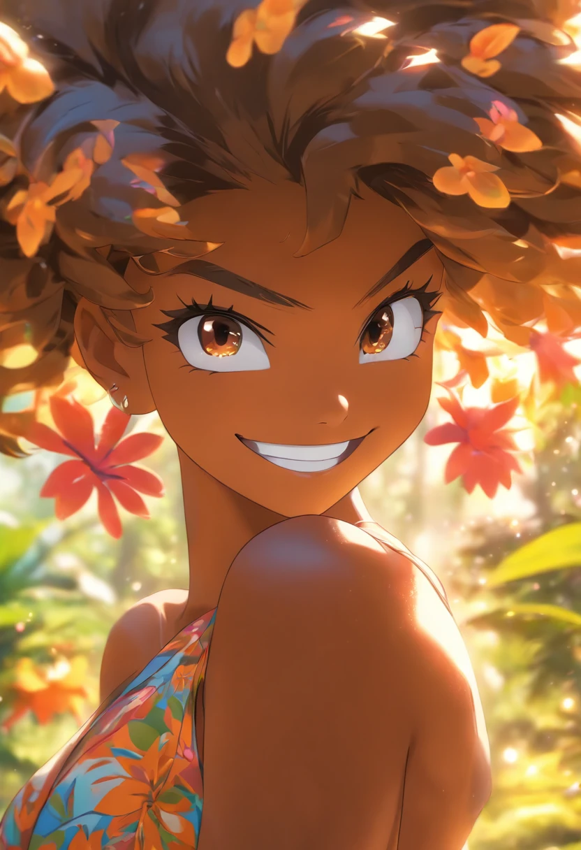(best quality,4k,8k,highres,masterpiece:1.2),ultra-detailed, HDR,UHD,studio lighting,ultra-fine painting,sharp focus,physically-based rendering,extreme detail description,professional,vivid colors,bokeh, portraits, flowers and forests so grand, black girl, sexual pose, cleavage, nsfw, solo, full body, tanned skin, dark skinned, smile