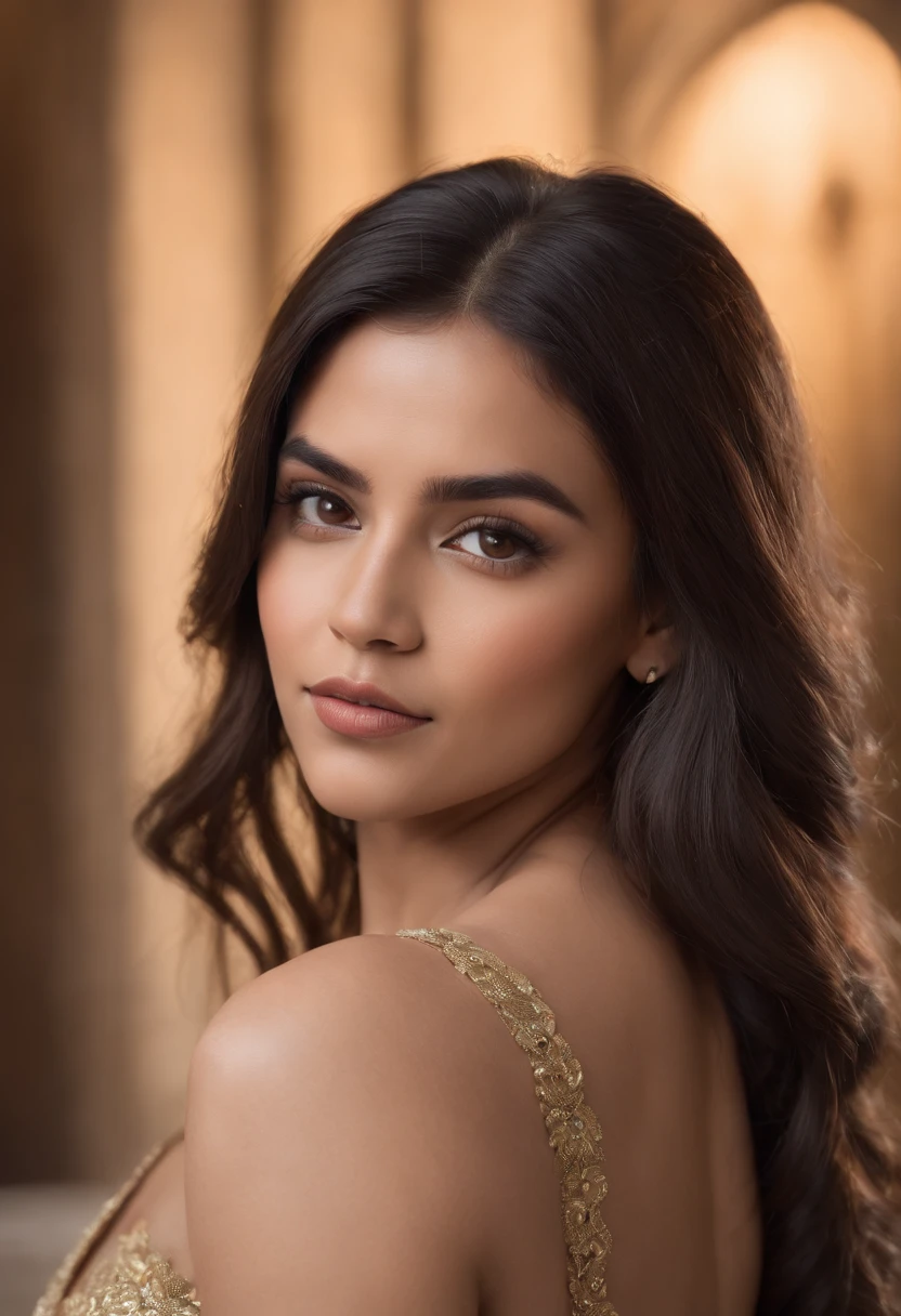 Una hermosa foto RAW, fotorrealista, La mejor calidad, hermosa morena, Piel detallada, look would be, Photo of beautiful Mexican-indian ebony woman, Androide 18 de Dragon Ball, super sexi, pose exitante, enfoque desde atras