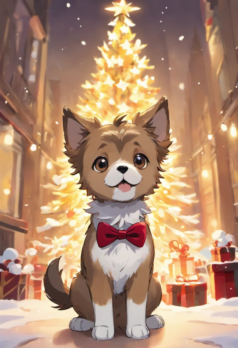 (a cute, adorable) ((dog)) yorkshire terrier, (medium:illustration,2D rendering), (best quality:1.2,ultra-detailed), sitting upright, wearing a (stripy, colorful) cone christmas hat and (spotty, polka dot) bow tie. The yorkshire terrier has a (happy, cheerful) expression, (big, expressive) eyes, and a (small, wet) black nose. The hat and bow tie are (vibrant, brightly colored) to add a touch of playfulness. The background can be a (festive, Christmas-themed) scene with (decorated, sparkling) Christmas trees, flickering lights, and a hint of falling snow. The overall artwork should have a (whimsical, joyful) and (cartoon-like, animated) style, with (vivid, bold) colors and (soft, warm) lighting to create a cozy atmosphere., ((no humans))