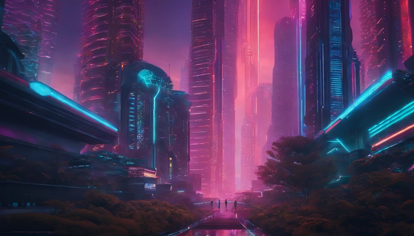 (obra prima) cidade no estilo cyberpunk, illuminated sky, neon light, imagem vista do zero, paisagem ampla, cidade futurista