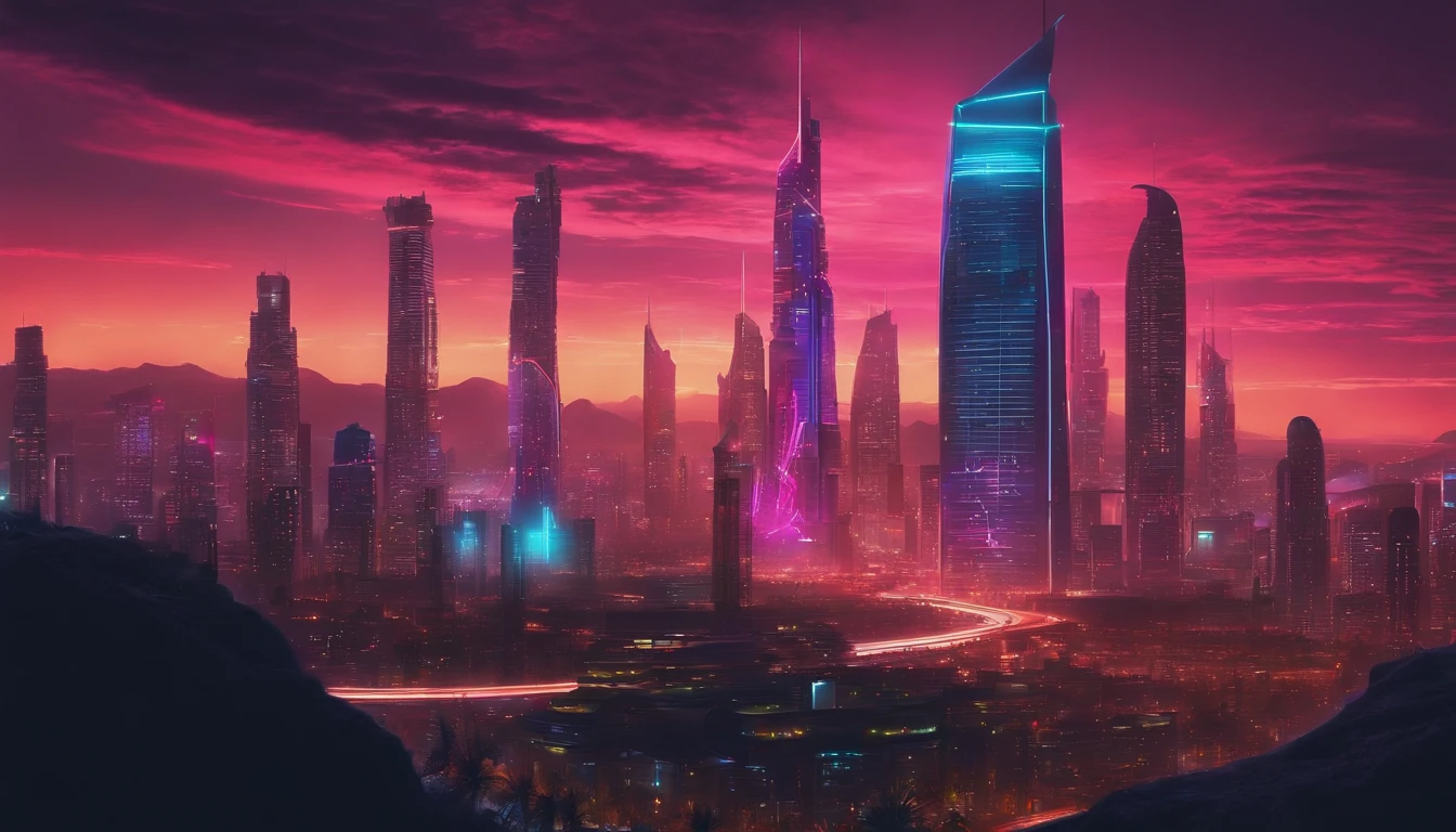 (obra prima) cidade no estilo cyberpunk, illuminated sky, neon light, imagem vista do zero, paisagem ampla, cidade futurista