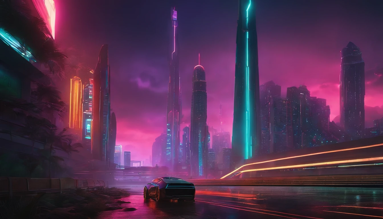 (obra prima) cidade no estilo cyberpunk, illuminated sky, neon light, imagem vista do zero, paisagem ampla, cidade futurista