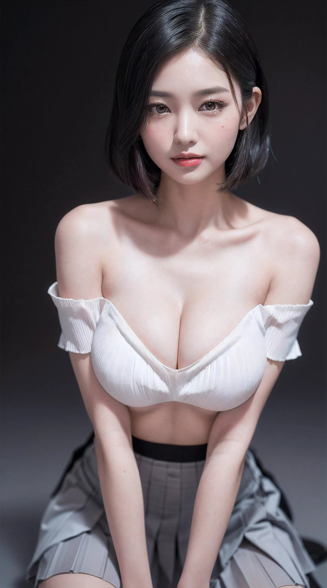 (((1girl:1.3, solo))), A extremely close up face image of extremely pretty and beautiful Japanese woman, (((Symmetry:1.5, centered image:1.5))), (1 with an emphasized enchanting cleavage: Composition of 1), (extremely close up face image:1.5), (sexy model), professional attire, (22 years old: 1.1), (from belowk:1.3, low angle), (sit astride:1.5, striding the viewer:1.5), ((girl on top:1.5)), ((hands between legs:1.3)), (attractive random posing:1.3), break, (shiny-black thin hair:1.2), (wavy messy hair:1.3), dark brown eyes, beautiful eyes, princess eyes, bangs, Hair between eyes, short hair:1.3, curby, abs, perfect abs, (gigantic-breasts:1.5, sagging breasts:1.5, disproportionate breasts:1.5), (thin waist: 1.15, abs:0.95), (detailed beautiful girl: 1.4), Parted lips, Red lips, full-make-up face, (shiny skin), ((Perfect Female Body)), (Upper Body Image:1.3), Perfect Anatomy, Perfect Proportions, (most beautiful Korean actress face:1.3, extremely cute and beautiful Japanese actress face:1.3, seductive light smile, happy, BREAK, (bare shoulder, Chest squeezed together, View viewer, (bare-top:1.3), (loose-pleats-skirt:1.3), detailed clothes, BREAK, (simple dark-grey background:1.2), (dark background), (Studio soft lighting: 1.3), (fake lights: 1.3), (backlight: 1.3), BREAK, (Realistic, Photorealistic: 1.37), (Masterpiece, Best Quality: 1.2), (Ultra High Resolution: 1.2), (RAW Photo: 1.2), (Sharp Focus: 1.3), (Face Focus: 1.2), (Ultra Detailed CG Unified 8k Wallpaper: 1.2), (Beautiful Skin: 1.2), (pale Skin: 1.3), (Hyper Sharp Focus: 1.5), (Ultra Sharp Focus: 1.5), (Beautiful pretty face: 1.3), (super detailed background, detail background: 1.3), Ultra Realistic Photo, Hyper Sharp Image, Hyper Detail Image,