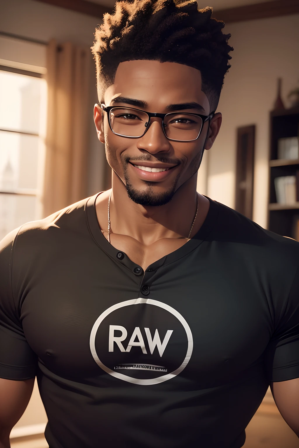 Foto RAW, a (potrait:1.2) of a very handsome black man wearing glasses and smiling wearing a black Henley T-shirt with 4 Buttons and a BIG BEN logo (pele altamente detalhada:1.2), 8k uhd, dslr, soft-lighting, alta qualidade, grain of film, Fujifilm XT3