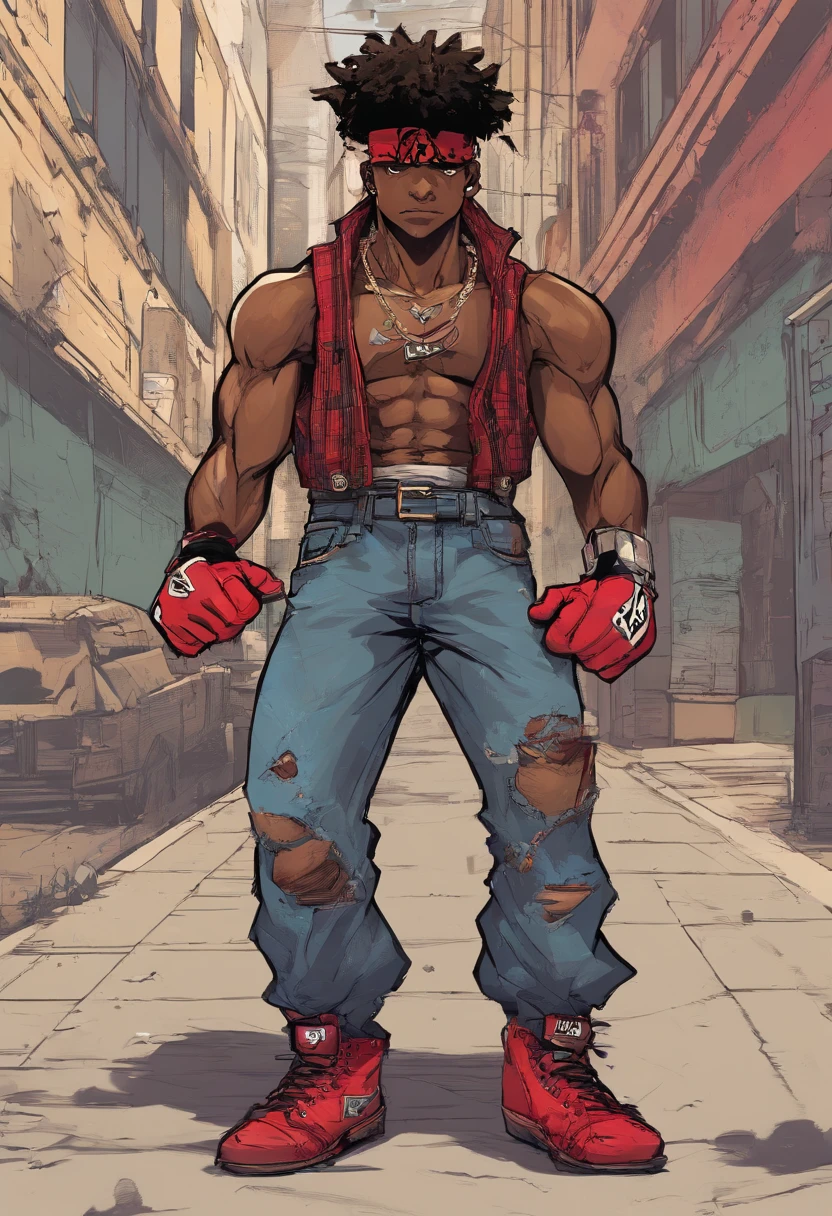 Dark skin male((African-American ager))in a black vest with a red "R", grey, tattered jeans, black tank top with "SURVIVAL" on the center, a pair of red sneakers, a chain necklace, bracelets on his right wrist, a pair of gloves, a knit cap, and a plaid shirt around his waist, mechanic punk outfit, ps 3 screenshot, heavy gesture style closeup, 2 k, 2k, badass pose, punk outfit, beefcake pose, full body close-up shot, open v chest clothes, punk-rocker, ernest khalimov body, mma southpaw stance, detailed fanart, badass anime 8 k