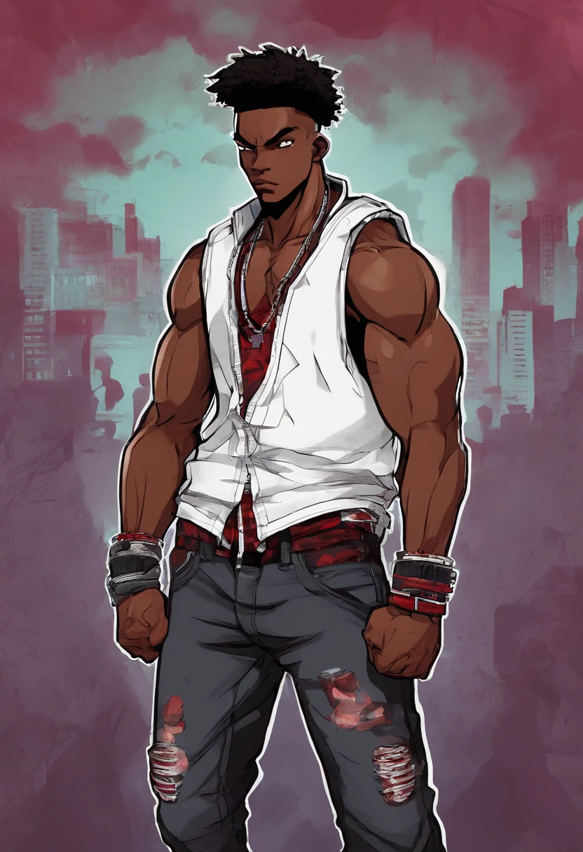 Dark skin male((African-American ager))in a black vest with a red "R", grey, tattered jeans, black tank top with "SURVIVAL" on the center, a pair of red sneakers, a chain necklace, bracelets on his right wrist, a pair of gloves, a knit cap, and a plaid shirt around his waist, mechanic punk outfit, ps 3 screenshot, heavy gesture style closeup, 2 k, 2k, badass pose, punk outfit, beefcake pose, full body close-up shot, open v chest clothes, punk-rocker, ernest khalimov body, mma southpaw stance, detailed fanart, badass anime 8 k
