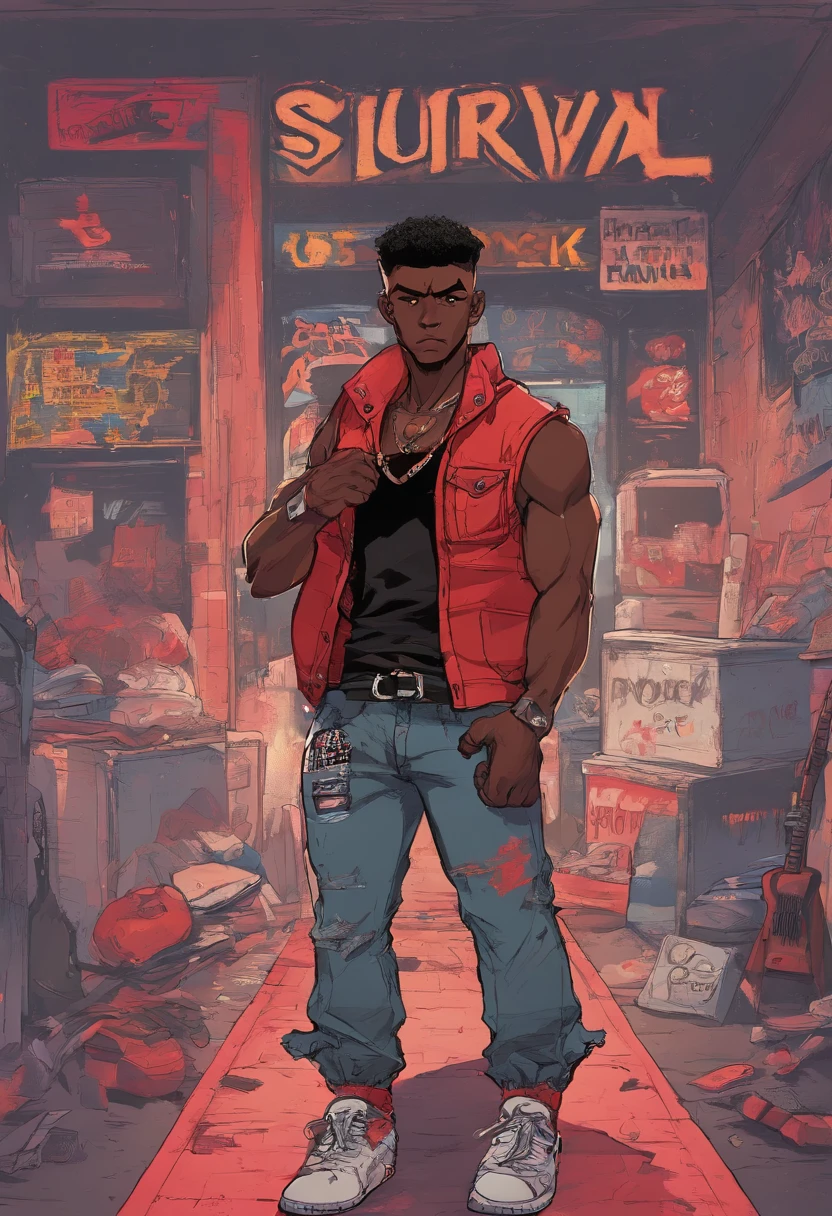 Dark skin male((African-American ager))in a black vest with a red "R", grey, tattered jeans, black tank top with "SURVIVAL" on the center, a pair of red sneakers, a chain necklace, bracelets on his right wrist, a pair of gloves, a knit cap, and a plaid shirt around his waist, mechanic punk outfit, ps 3 screenshot, heavy gesture style closeup, 2 k, 2k, badass pose, punk outfit, beefcake pose, full body close-up shot, open v chest clothes, punk-rocker, ernest khalimov body, mma southpaw stance, detailed fanart, badass anime 8 k