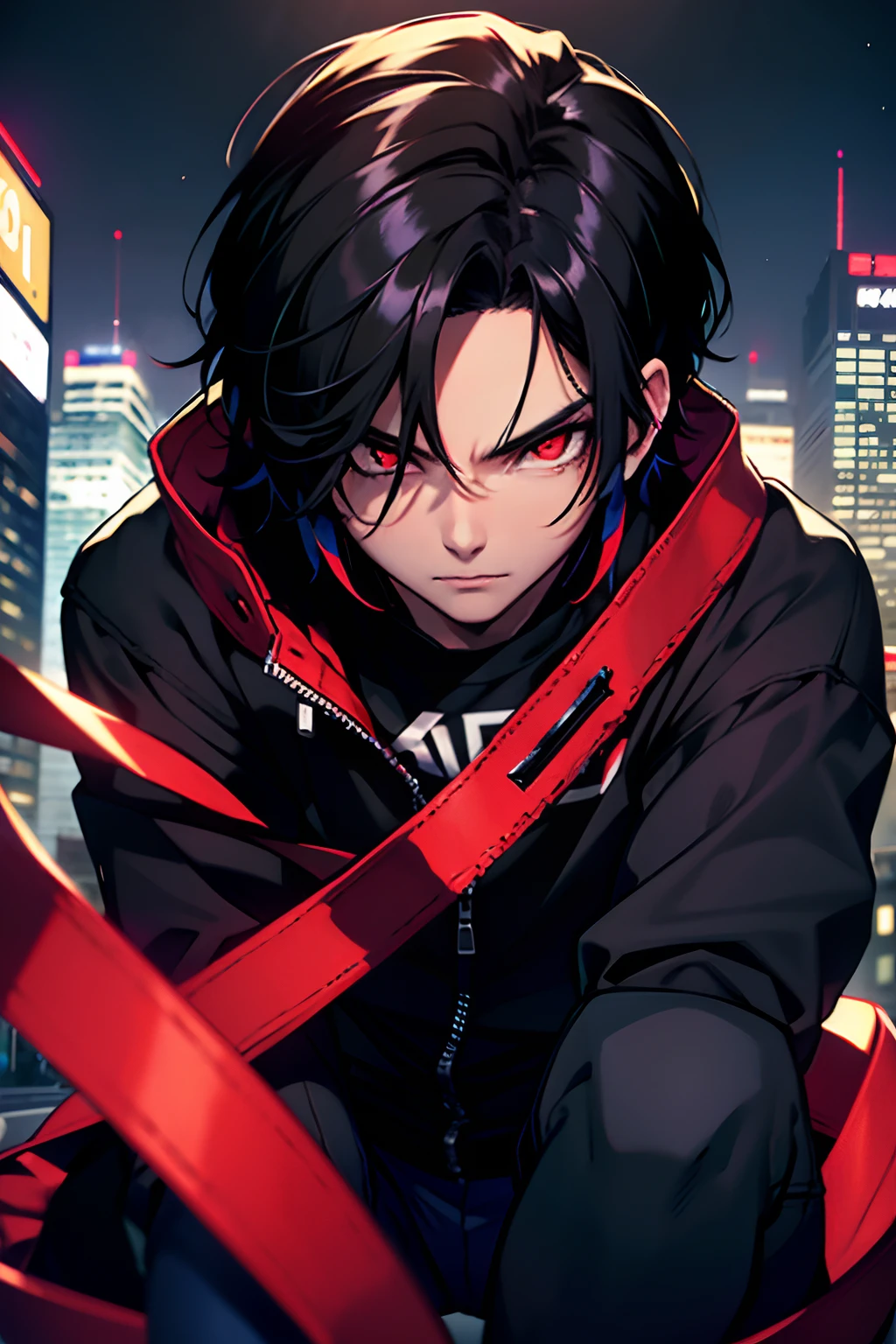 (best quality,4k,High),young boy,black hair,wearing black jacket,red eyes,blue pants, stand, City,night,dark sceneryultra-detailed,realistic,portrait,sharp focus,studio lighting,vivid colors,