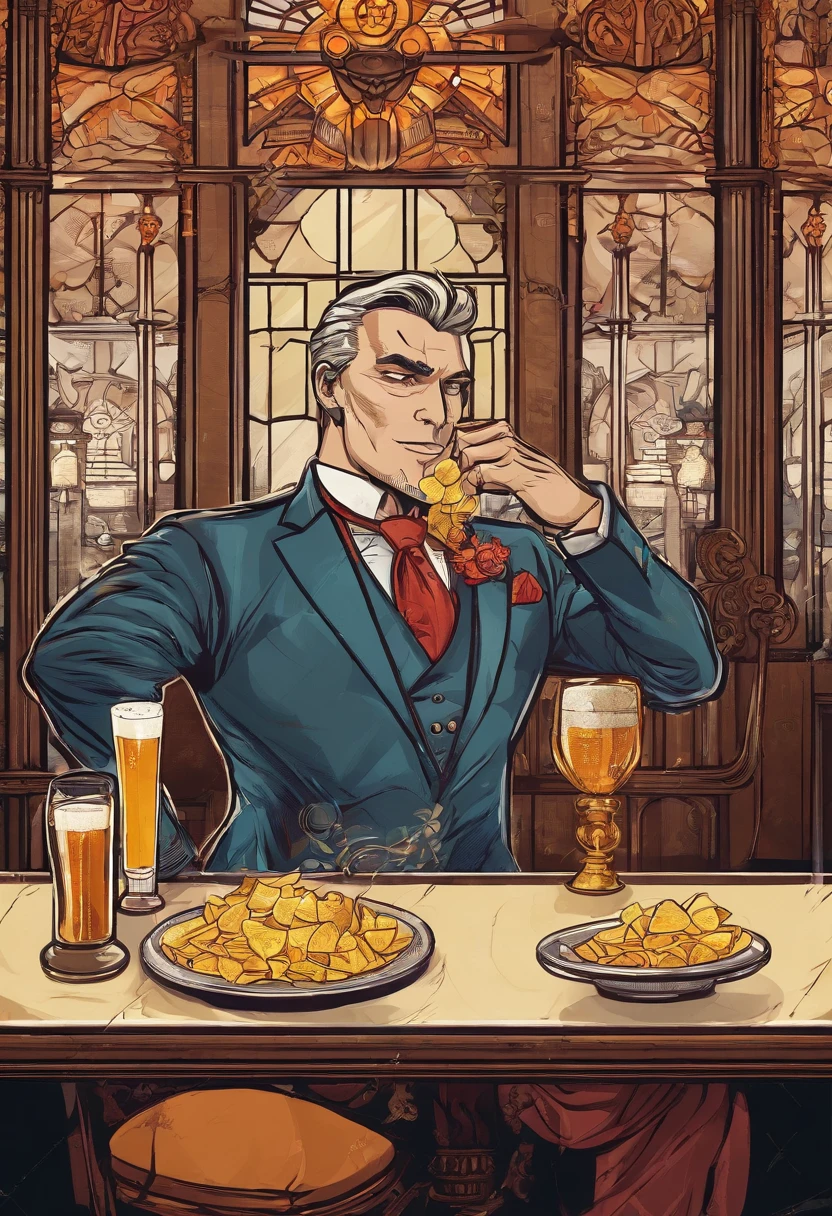 portraite of a, Superhero at the table, 30 years, Doctor Strange, (Beer in a crystal goblet, a plate of chips and an appetizer), A puddle of beer on the table, restaurant, (sharp-focus: 1.2), photo (American Apartment), in a Parisian coffee shop, (Beautiful reflections: 1.1), Detailed pleats and edges, (hard: 1.2), (Moderate lighting: 1.2), Depth of field, bokeh, 4k, HDR. Cover photo, (moody lighting: 1.2)