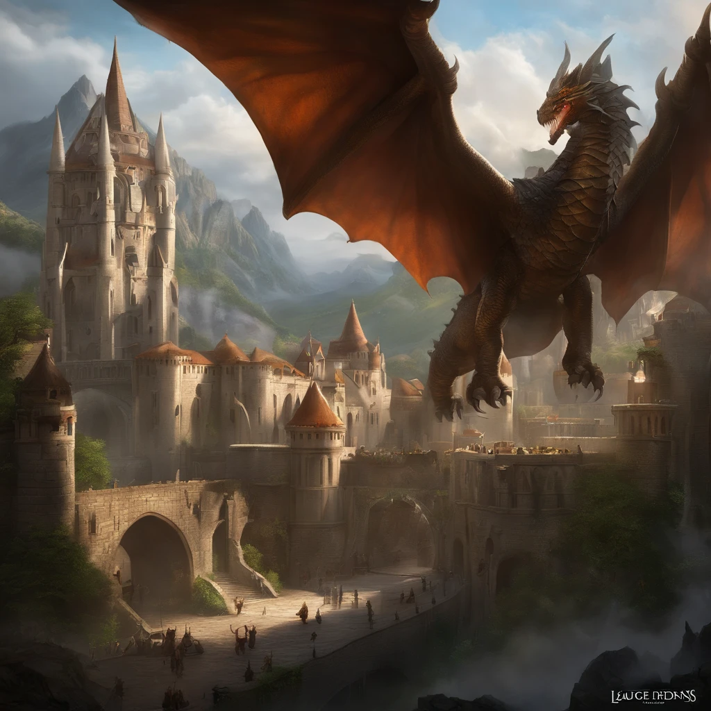 League of Legends Demacia city, masterpiece, best quality, hd, hyper detailed, epic scenario, a white glorious medieval city, medieval, fantasy rpg, castle, perfect light, large city, minas tirith, giant dragon behind, high bright, ultra hd