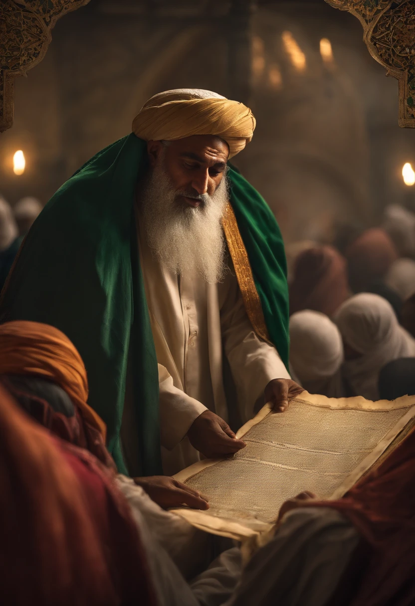 Imam mahdi from behind ((showing an old paper to the people around him))