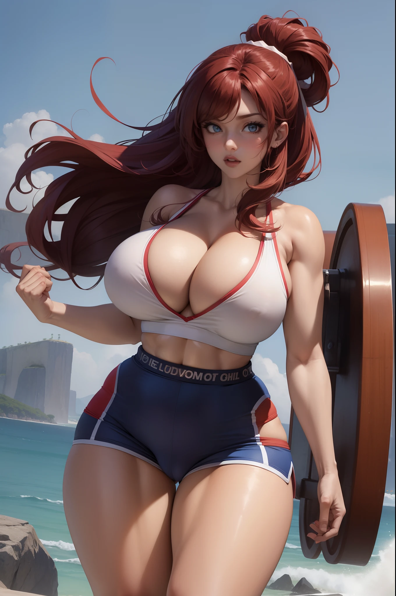 1girl, big chest, huge breasts, large breasts, gym shorts, curvilinear waist, thick thighs, muscular thighs, curvy body, juicy body, gigantic breasts, masssive breasts, muscle thighs, long hair, red hair, pale skinned female, hair tied, pov vision, blue eyes, mature female, heavy breasts, full breasts, large ass, full thighs, full ass, gym top, voluptuous body, voluptuous female, abs, body focus, huge chest, large chest, large butt, large thighs, lifting her ass, high waisted gym shorts, panties edge visible, bra edge visible, teasing the viewer with her breasts, mature face, milf, bored face