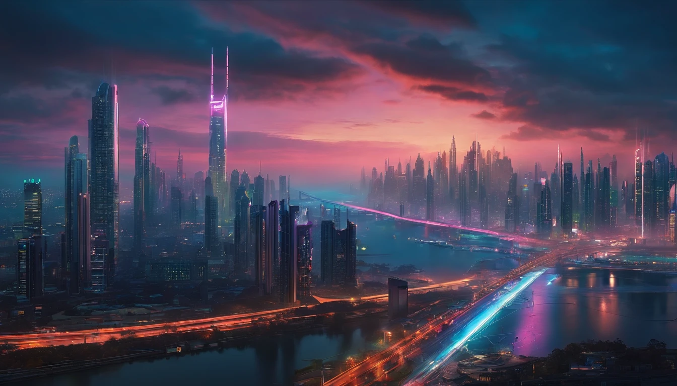 (obra prima) cidade no estilo cyberpunk, illuminated sky, neon light, imagem vista do zero, paisagem ampla, cidade futurista