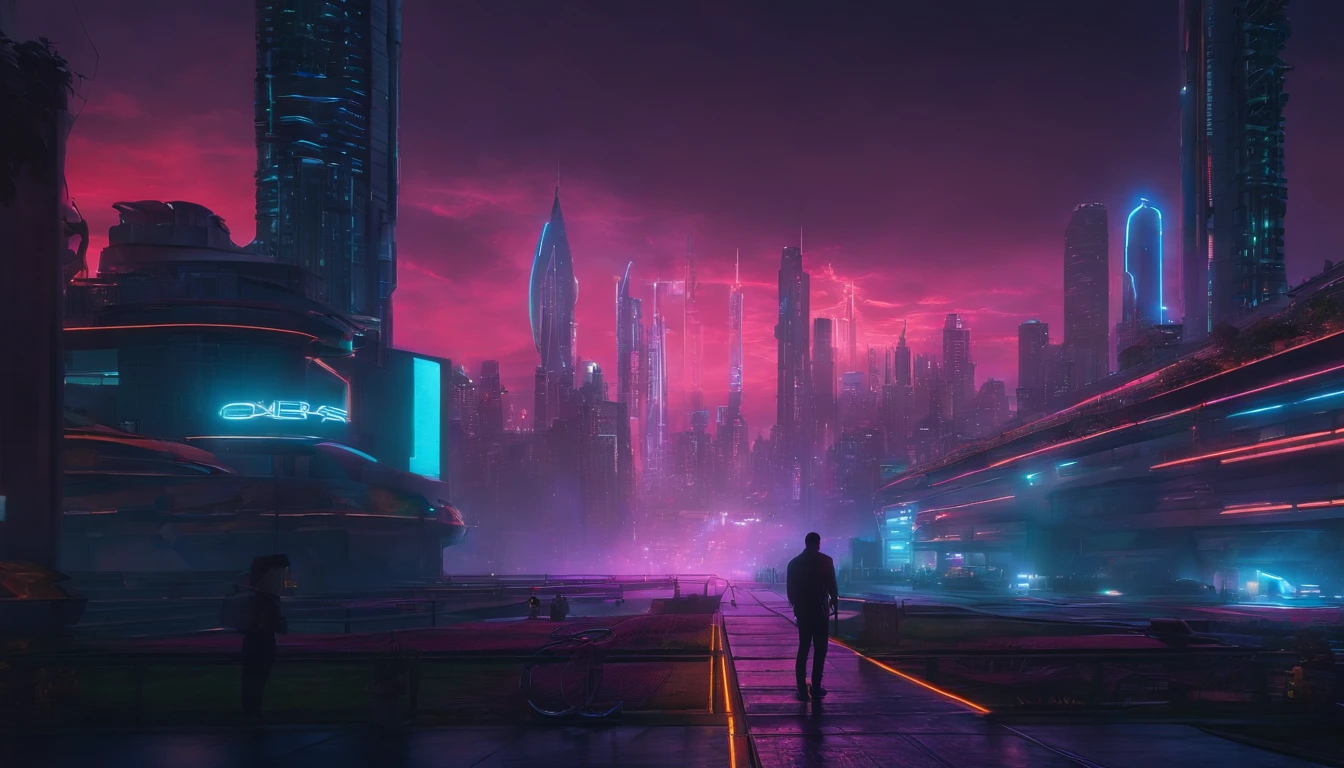 (obra prima) cidade no estilo cyberpunk, illuminated sky, neon light, imagem vista do zero, paisagem ampla, cidade futurista
