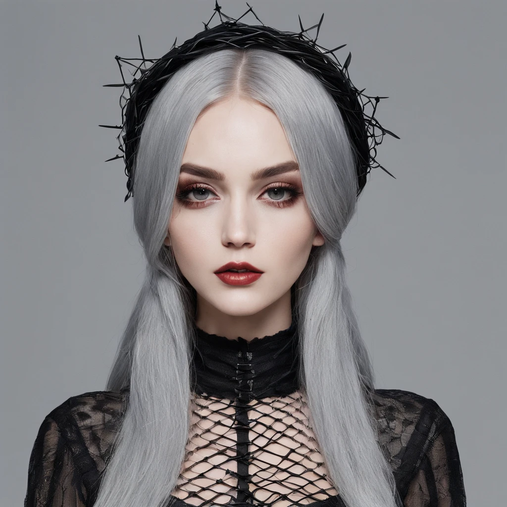 Girl in symbolic clothes of Gothic net, 。.。.com (Barbed wire for the body) brunette color hair,Gray hair ends