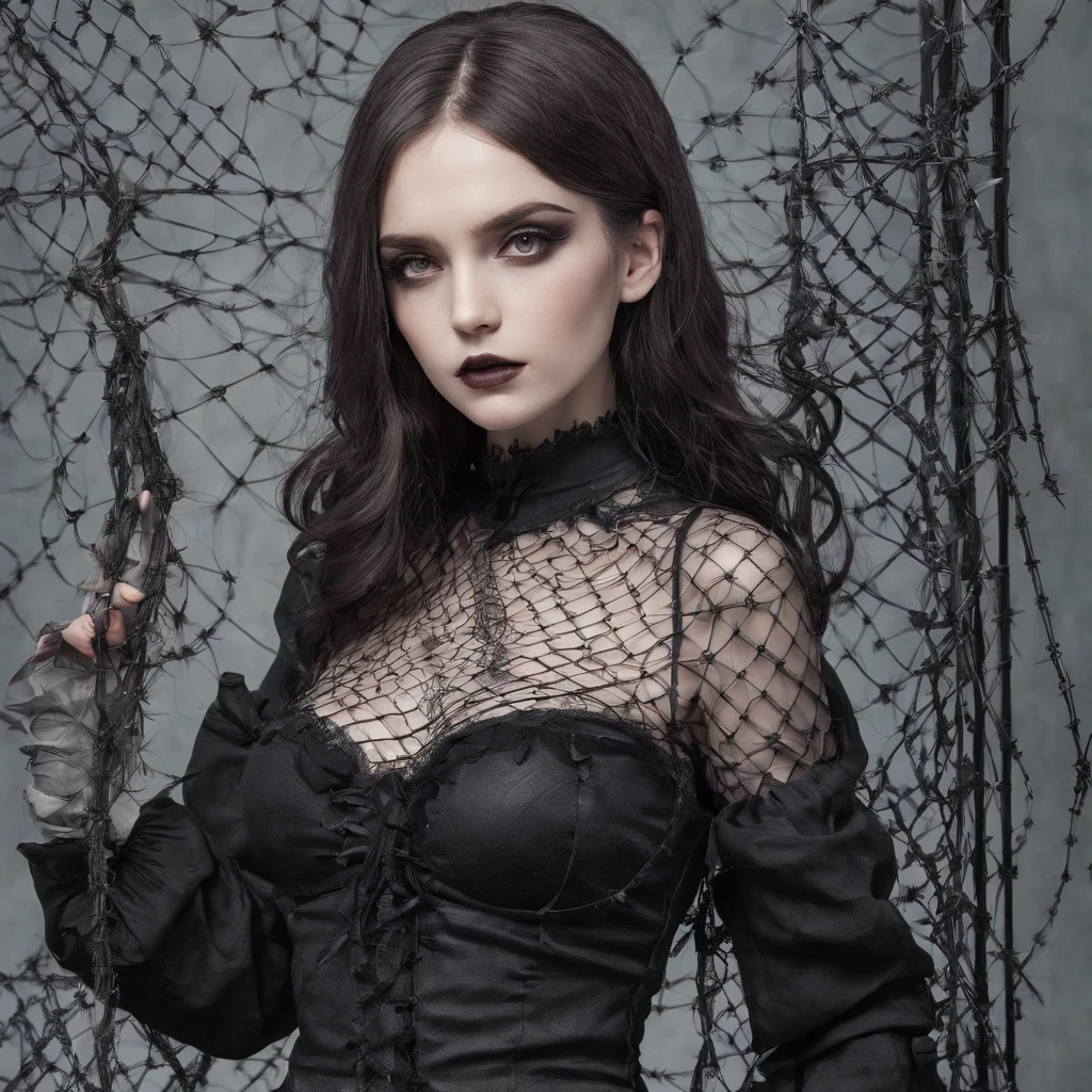 Girl with gothic net symbolic clothes, 。.com (Barbed wire of the body) brunette color hair,Gray hair ends