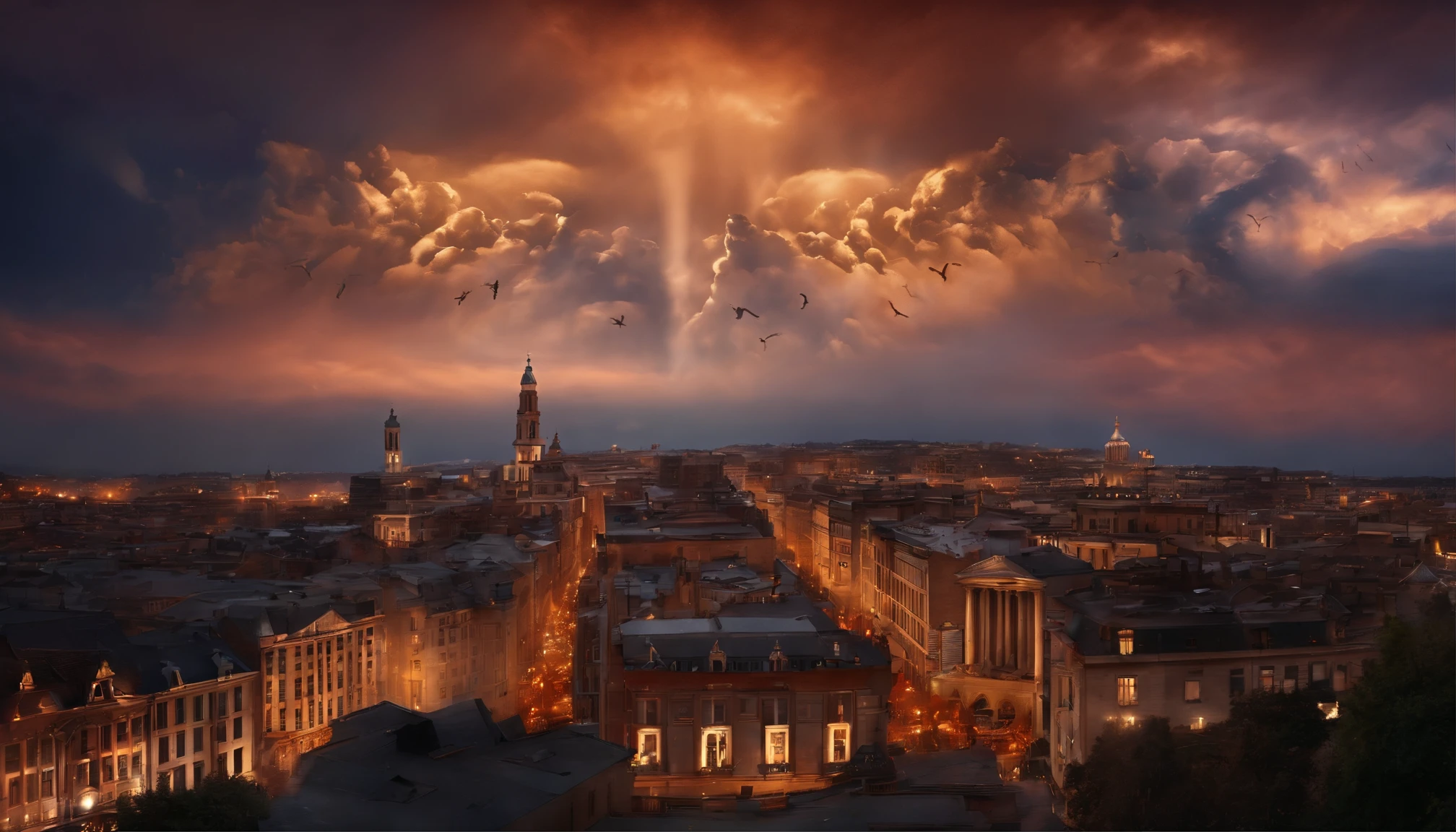Several angels falling from the sky on a city