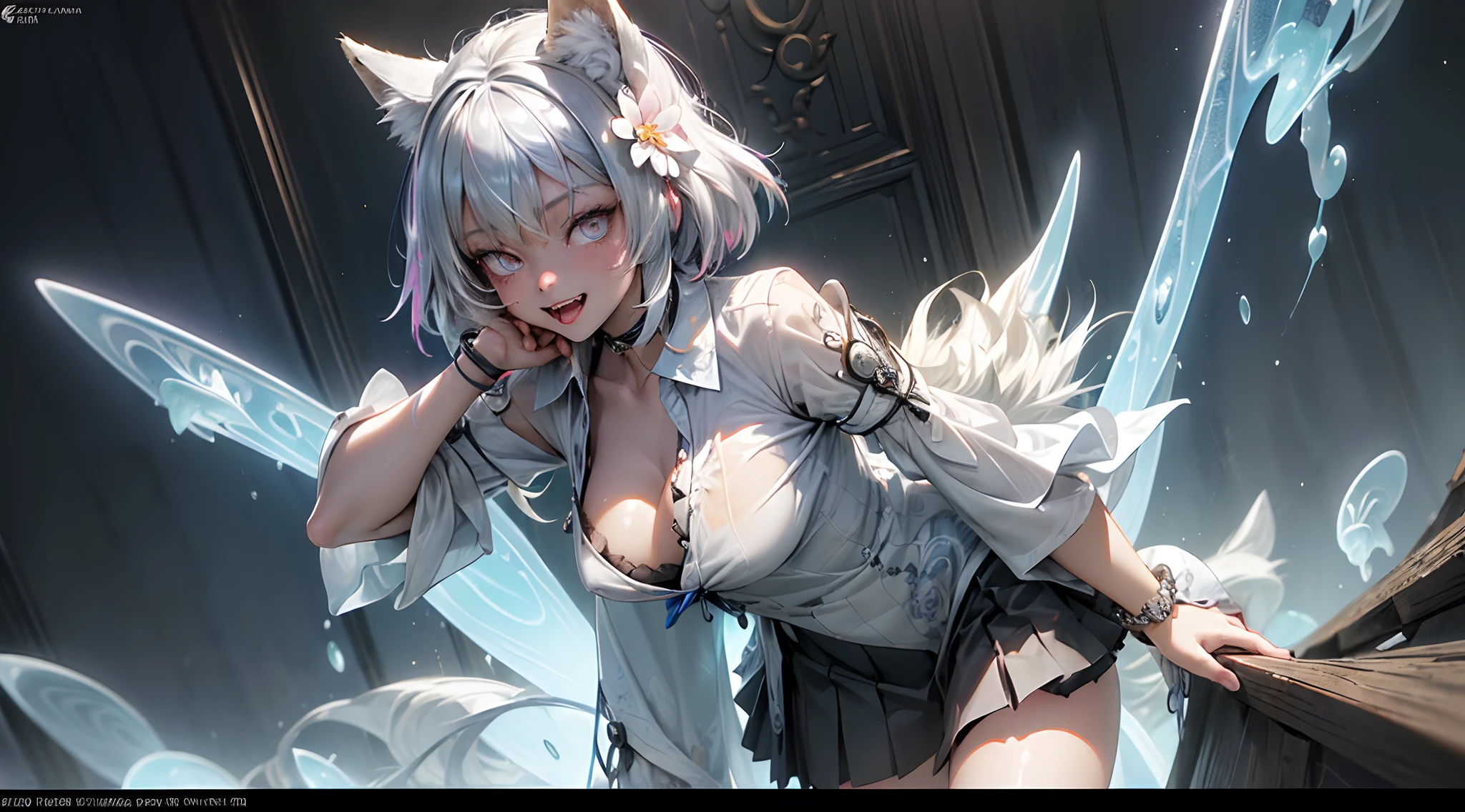 spiritual blue fire fluffy fox girl, (fluffy fox ears, fluffy fox tail), (spirit, spiritual:1.4), (blue fire:1.5), 1girl, perfect and well designed glowing shiny eyes, (beautiful detailed eyes:1.05), natural breasts, slim body, beautiful and delicate cute face, (face detail), ((realistic face)), pores, ((pale grey skin)), detailed skin, realistic skin, (((bioluminescence))), ((shiny skin)), (fangs:1.5), (multicolored gradation skin), (monster girl:1.25), (fur body:1.4), human face, medium length hair, hair voluminous, (((((multicolored gradation hair))))), super high resolution, 8k, parameters Best quality, (masterpiece:1.4), (magic accessories:1.4), bracelets, extremely detailed thick tight ({nylon|lycra}:1.5) pastel bright ((dark blue, (blue:0.4), silver:1.3), (pink, purple:0.75)) ornate ({(dress shirt with stand-up collar:1.7)|(kimono:1.2)|(summer dress:1.2)}, (kimono sleeves:1.5), (pleated skirt:1.25)), (standing nipples under cloth:1.2), (ornaments on clothing:1.5), (neckline:1.3), (cleavage:1.3), decolette, navel, Young Girl, Little Beast, (Smile:0.7), (pale Skin:1.4), ((flower tattoos all over body, flower tattoos all over legs)), ultra detailed, photorealistic, ((Real image)), (best quality:1.4), super high resolution, (Realistic 2.0), More details, (((1girl))), leans on the table, office, city and buildings behind a window, futuristic, {fantasy|cyberpunk}, magic technologies, (beautiful and aesthetic:1.2), (fractal art:1.4), (cinematic light:1.1), (DUTCH ANGLE:1.3), 16K, HDR, RTX, Ray Tracing, Radiosity, Anisotropic Filtering, Subsurface Scattering, (((magic lights))), metallic reflections, Detailed, Realistic, 4k highly detailed digital art, (cool_color), extremely detailed CG unity 8k wallpaper, vibrant colors, (((seductive pose)))