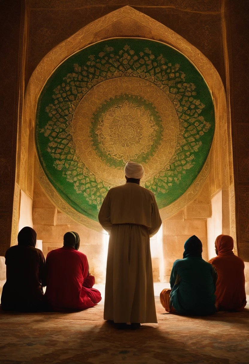 Imam mahdi from back view ((showing an old paper to the people around him))