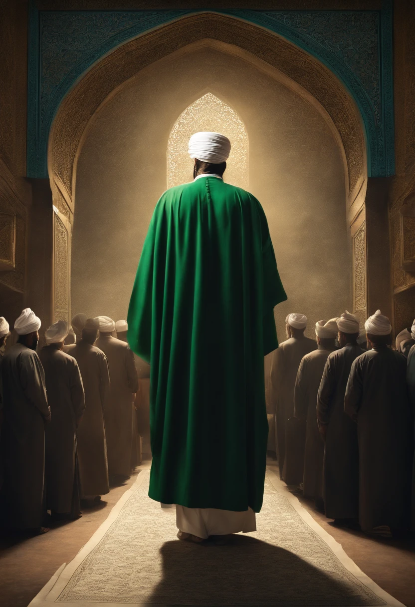 Imam mahdi from back view ((showing an old paper to the people around him))