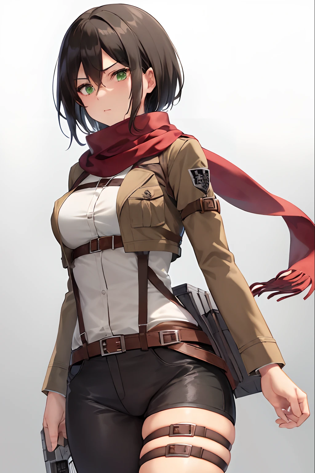 aot style, shingeki no kyojin,
mikasa ackerman,
1girl, arm strap, bangs, black hair, black pants, breasts, cowboy shot, embers, green eyes, grey background, hair between eyes, harness, long sleeves, looking at viewer, medium breasts, pants, red scarf, scarf, shirt, short hair, smoke, solo, thigh strap, brown jacket, white shirt, survey corps \(emblem\)
, ((masterpiece)), best quality
,