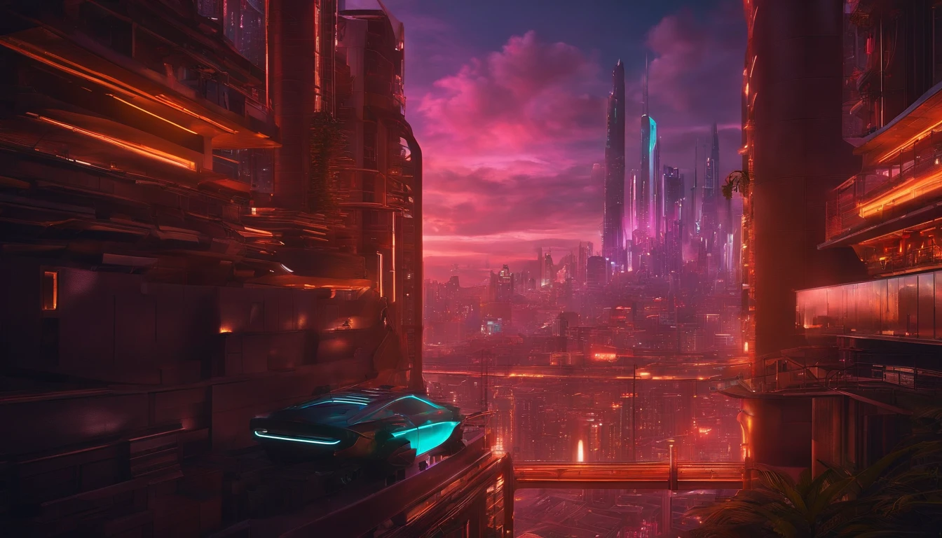 (obra prima) cidade no estilo cyberpunk, illuminated sky, neon light, imagem vista do zero, paisagem ampla, cidade futurista