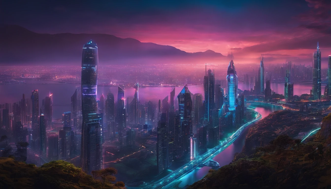 (obra prima) cidade no estilo cyberpunk, illuminated sky, neon light, imagem vista do zero, paisagem ampla, cidade futurista