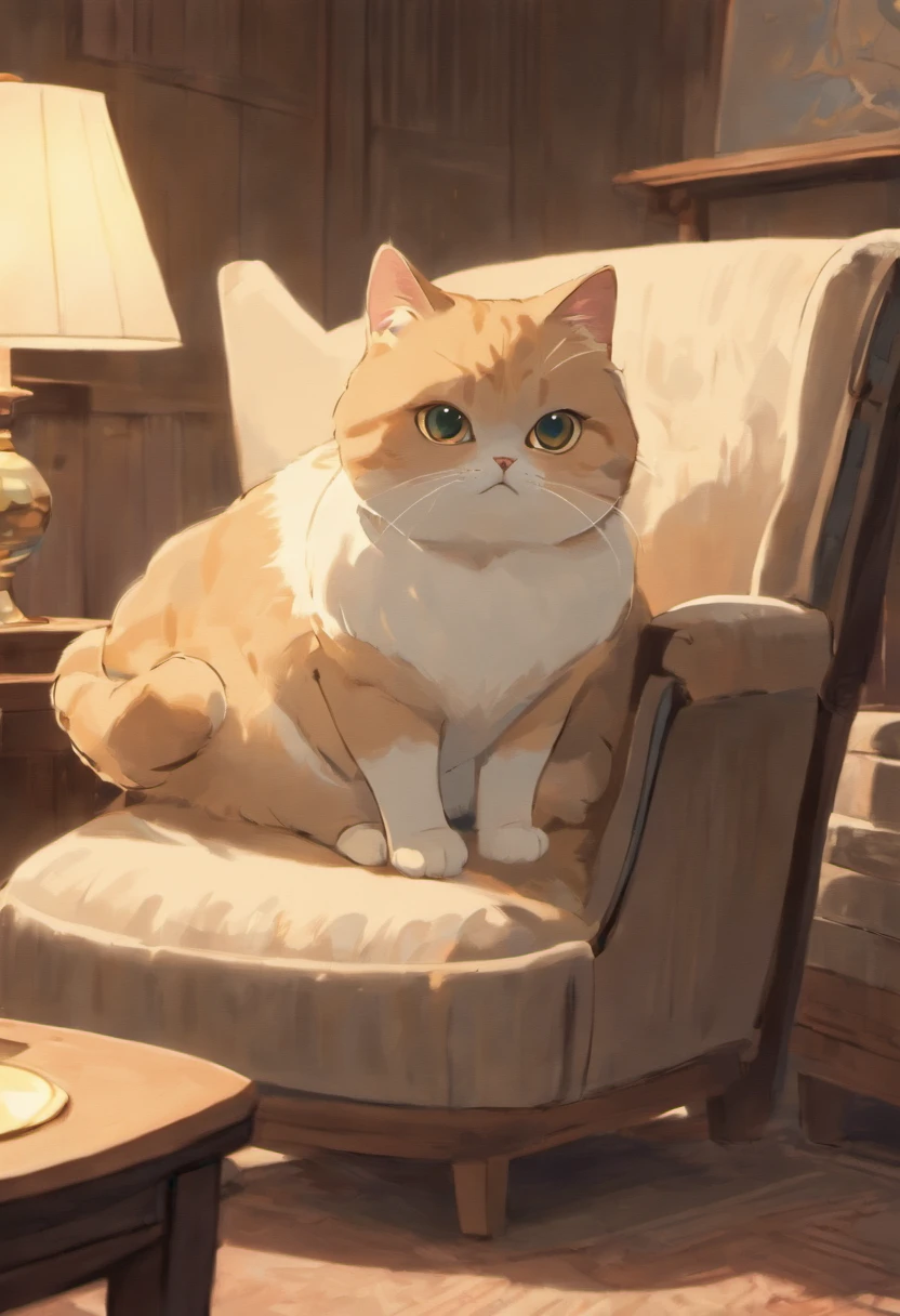 A British Shorthair cat in a cozy living room, (best quality, highres, ultra-detailed), with soft pastel colors, illuminated by warm sunlight. The cat has round, expressive eyes and a playful expression. The luxurious fur of the cat is depicted with extreme detail, showcasing its fluffy texture. The cat is sitting on a comfortable velvet sofa, with a small basket of toys nearby. The room is decorated with elegant furniture and tasteful artwork on the walls. The scene exudes a sense of tranquility and serenity, with a touch of sophistication. (british shorthair), (realistic,photorealistic), (vivid colors), (studio lighting)