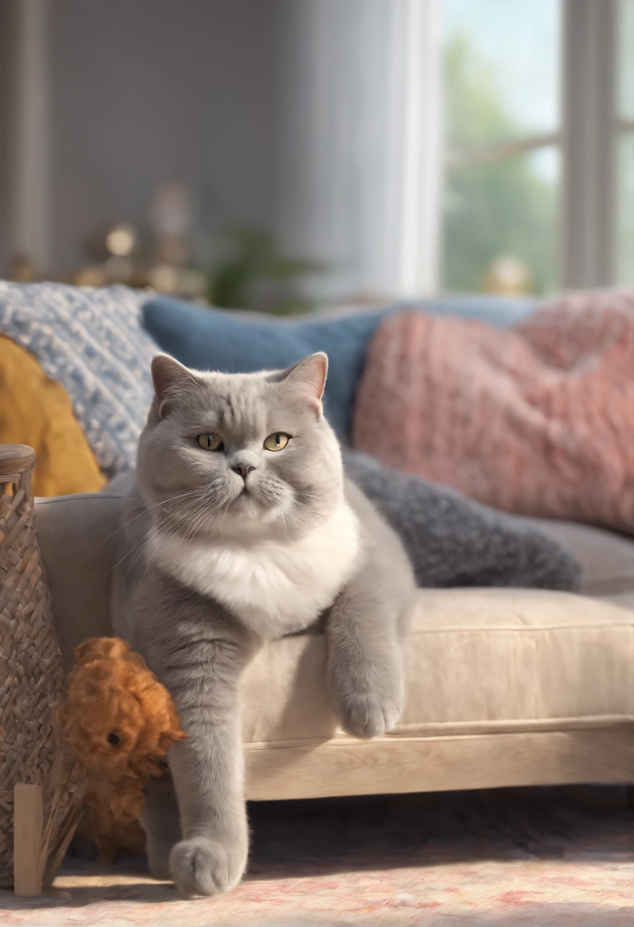 A British Shorthair cat in a cozy living room, (best quality, highres, ultra-detailed), with soft pastel colors, illuminated by warm sunlight. The cat has round, expressive eyes and a playful expression. The luxurious fur of the cat is depicted with extreme detail, showcasing its fluffy texture. The cat is sitting on a comfortable velvet sofa, with a small basket of toys nearby. The room is decorated with elegant furniture and tasteful artwork on the walls. The scene exudes a sense of tranquility and serenity, with a touch of sophistication. (british shorthair), (realistic,photorealistic), (vivid colors), (studio lighting)
