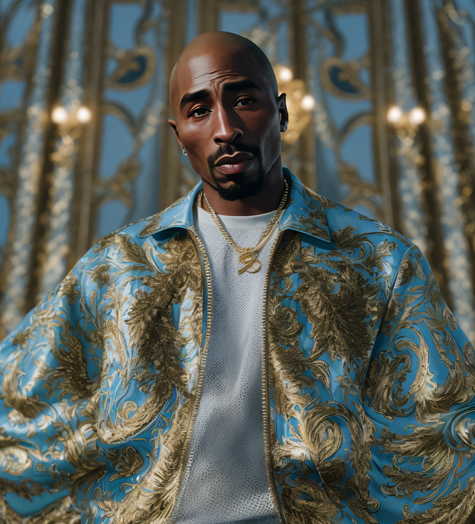 best quality, masterpiece,, Illustration, Wallpaper, Imagine Tupac Shakur with bald Hairstyle in a cinematic scene, exuding the elegance of a Versace model combined with the edginess of a Hypebeast rapper. The backdrop features a luxury sports car, brought to life with Unreal Engine 5's realism. The 8K shot emphasizes moody lighting, with portrait techniques using 50mm and 70mm lenses. Depth of field, tilt blur, and a fast shutter speed of 1/1000 are evident. The color palette is intricately detailed, beautifully graded, and enhanced with global illumination and ray tracing reflections. The scene radiates hyper-realism, with Tupac in a dynamic pose, blending elegance and hypermaximalism. Final touches include CGI, VFX, and SFX, encapsulating the pinnacle of contemporary photography and rendering