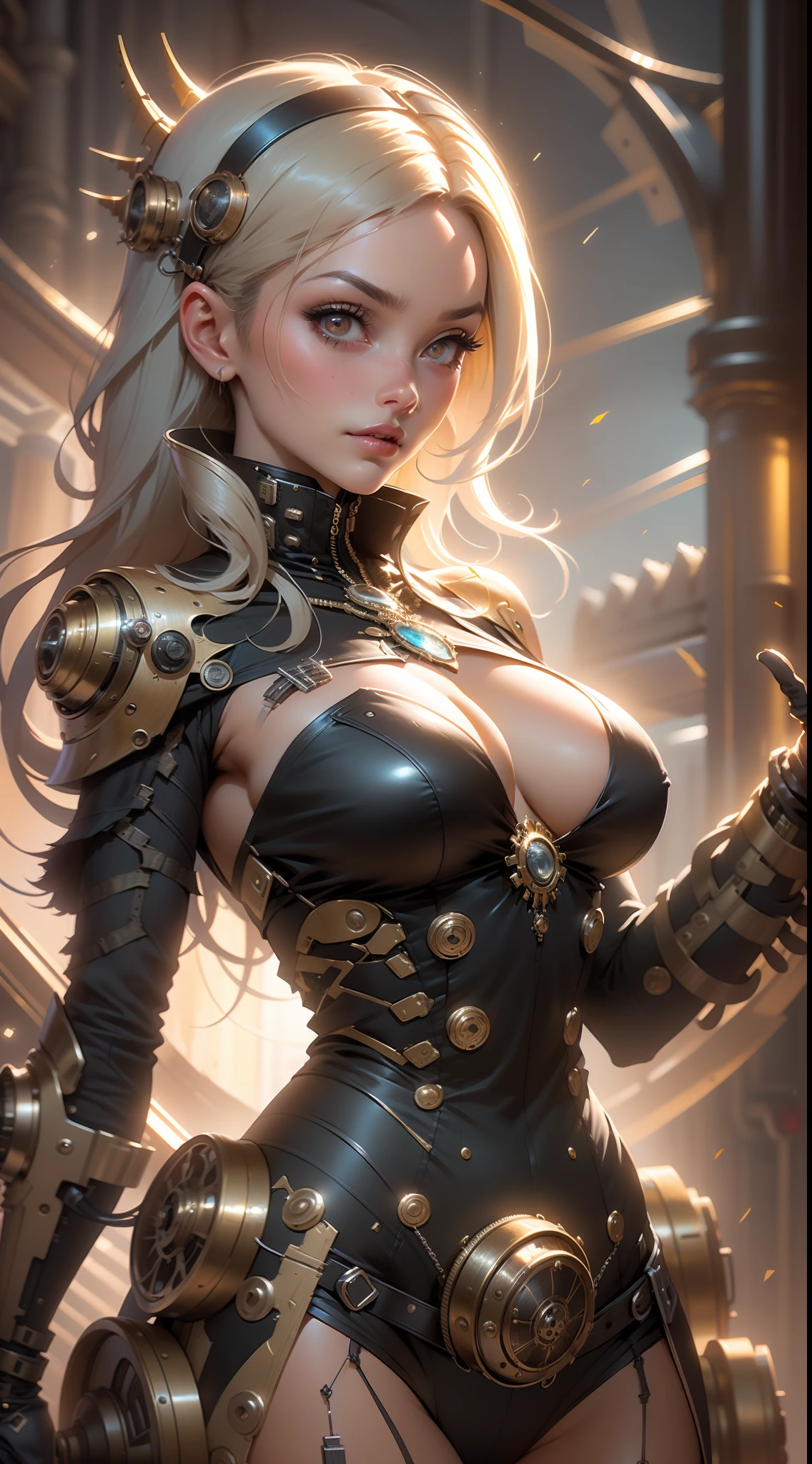 Cute Young Biomechanic Steampunk Cyborg Realistic Woman Movie Shallow Focus Scene, Mais sobre seu steampunk de corpo inteiro、It stays in fluid motion in a simple and barren place with stunning cloud landscapes and sunsets、hydraulic cylinder、metro、Pipes、LED Bulbs、vacuum tubes、CPU、LED、Fibra、escapamento、radiador、electronic circuitry、 The cleavage is visible、 (usando roupas futuristas (tangerina:0.3) Its intricate and detailed steampunk body of anatomically sculpted biomechanical graphite, (Biomechanical Graphite Steampunk Cyborg Grady、Complex and detailed anatomical carved with gothic detail).Fone de ouvido futurista、 (Anatomically sculpted biomechanical graphite steampunk cyborg、More about the elegant and glamorous Gothic lolios, Wires and microchips are、Habilmente em seu corpo ciborgue feminino) Corpo esguio em forma quente com um lindo rosto jovem e redondo, expressivos grandes olhos redondos, Capturado com luz natural brilhante e belas cores vibrantes. Stunning images with 8K resolution in steampunk style. The scene has a strong heroic unconquerable mood, a masterful complete scene of the female full body standing with a happy expression.