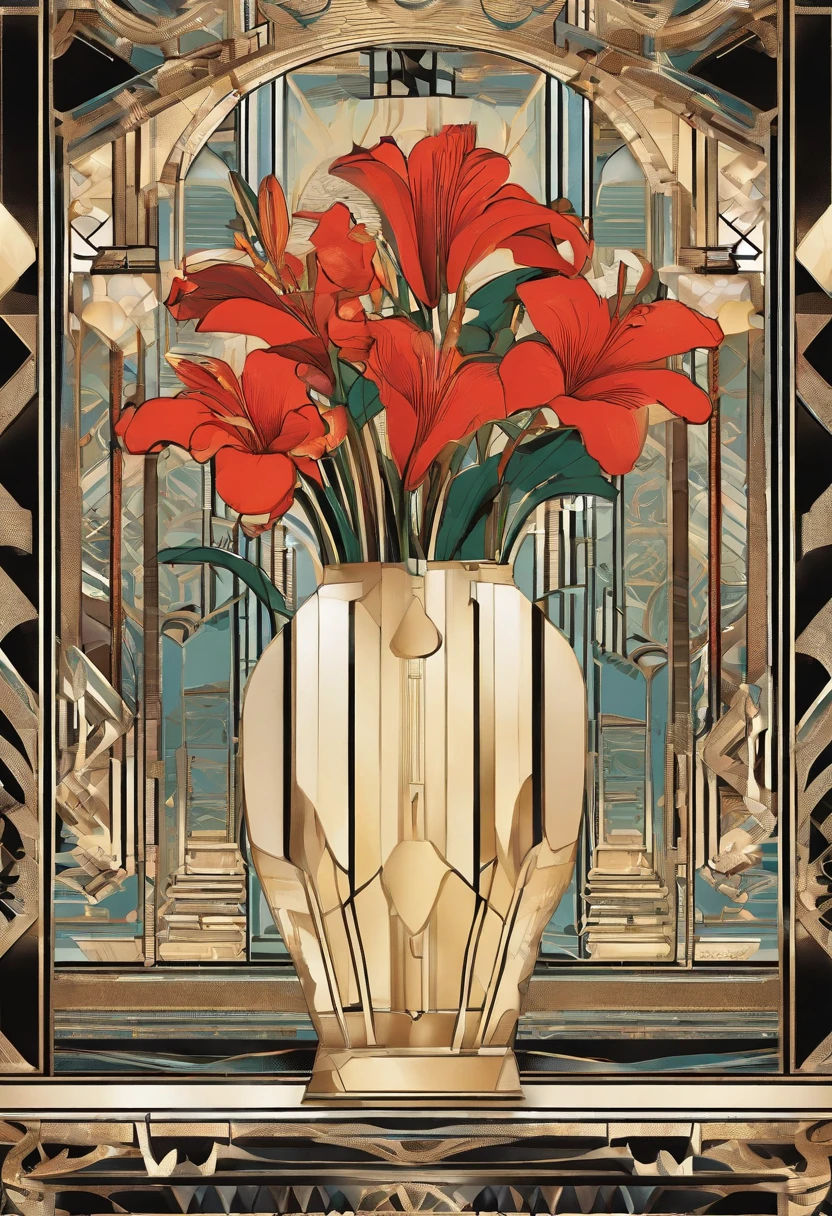 vase rot mit lilien auf tisch im haus