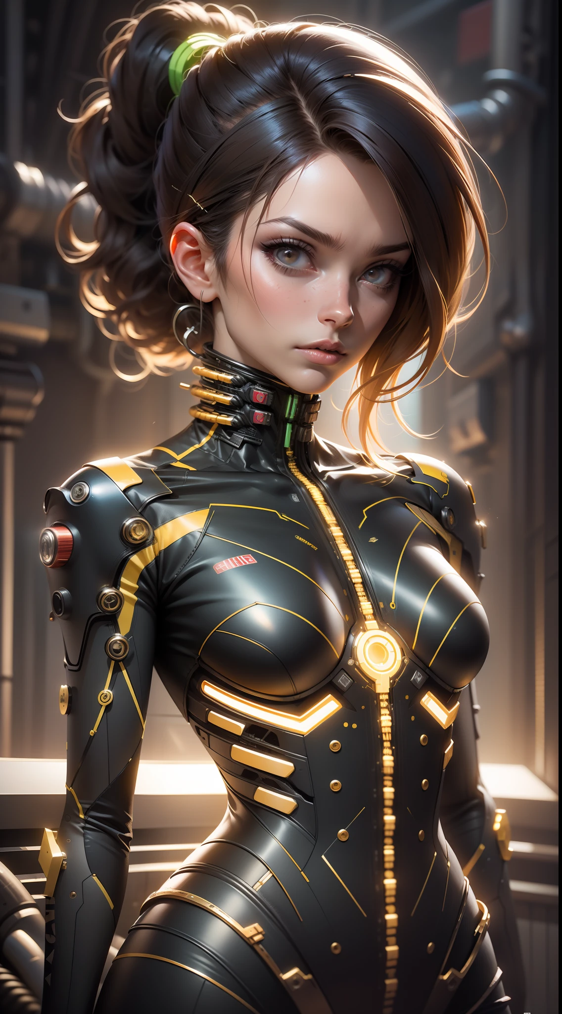 Qualidade Superior, master part, ultra high-resolution, ((fotorrealista: 1.4), Foto rAW, 1 Garota cyberpunk, pele brilhante, 1 mechanical girl, (Detalhes ultra realistas)), machanical limbs, tubes connected to mechanical parts, mechanical vertebrae adhered to the spine, mechanical cervical attachment to the neck, wires and cables connecting to the head, Evangelion, Fantasma na Concha, small bright LED bulbs, Global lighting, Sombras profundas, octane rendering, 8k, Ultra sharp, metal, detalhes intrincados do ornamento, Detalhes barrocos, detalhes muito intrincados, luz realista, CGSoation trend, Facing the camera, Neon details, (Android Manufactory em segundo plano), arte por H.r. Giger e Alphonse Mucha.