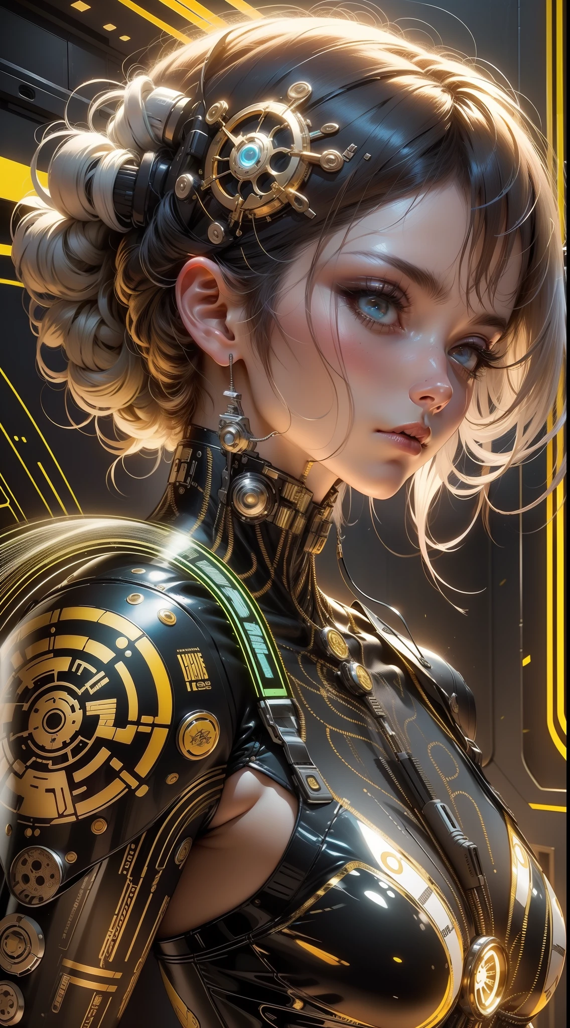 (1girl), (human face, human skin:1.3), Highly Detailed Beautiful girl, (extremely detailed beautiful face), Amazing face and eyes, beautiful breasts, (Highest Quality: 1.4), (Super Detailed), (Very Delicate and Beautiful), golden body, Biomechanical Cyborg, Beautiful Natural Shapes, Arteries, Veins , lace, colorful details, diamond earrings, very delicate embroidery, intricate details, surreal, Super detailed, cyborg girl, realistic, (Special skin that allows the inside of the body to be seen through, translucent skin, Precise golden body, hollow body interior, half-human translucent human body, skin made of extremely complex layers of metal fibers, extremely complex body made up of countless IC chips structure: 1.6), iridescent, futuristic, super complex, super beautiful, highly detailed CG unified 8K wallpaper, high resolution raw color photo, professional photo, flesh and blood, (cyber punk, Spiral structure, future urban cyberspace, iridescent illumination, dazzling light:1.35), sf, A scene from an impossible movie