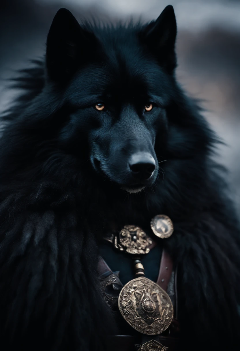 strong black wolf in costume. smoking in mouse. muscle black hair black wolf
