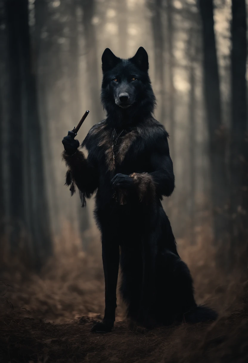 strong black wolf in costume. smoking in mouse. muscle black hair black wolf