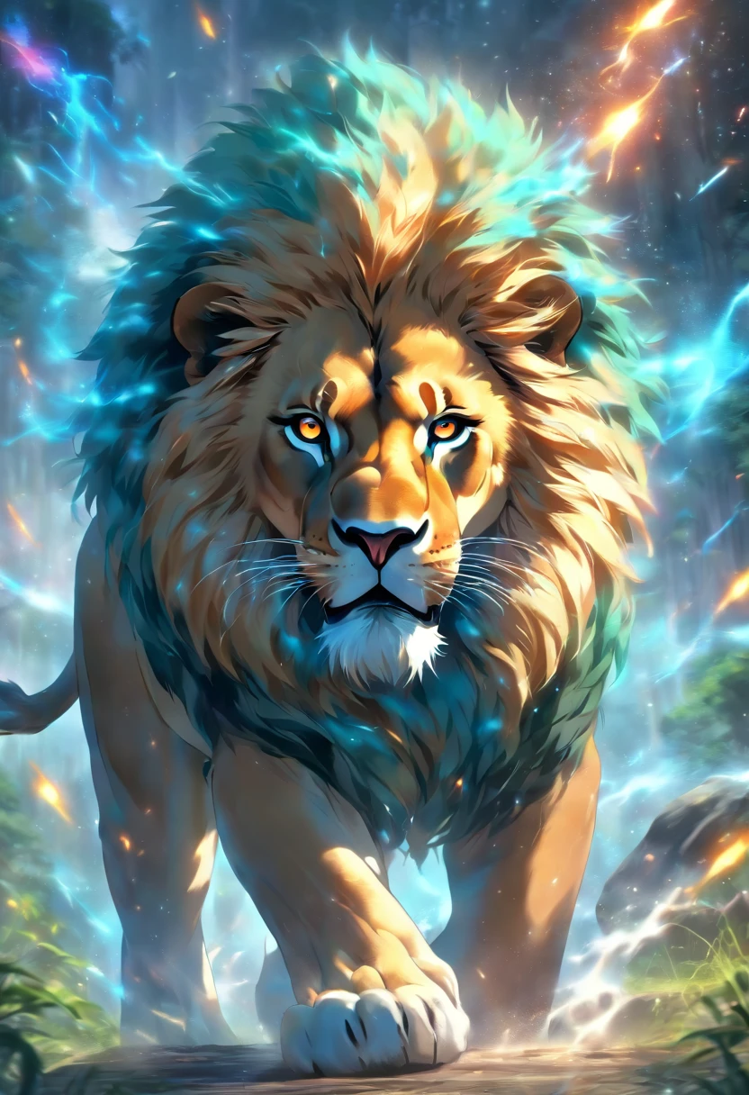 CREATE a lion-like man, de terno azul, Cerveja, transparente, malha fina, gravata, fundo celestial, galaxy, corpo trincado, guerreiro --auto