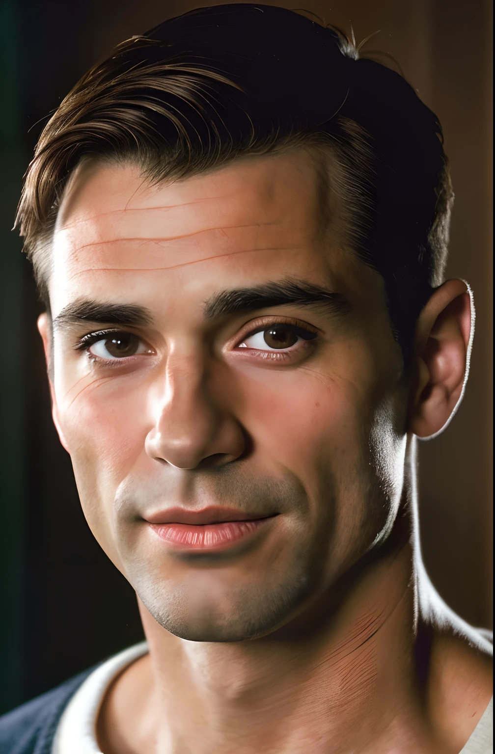 (close-up, editorial photograph of a 40 yo man from the 1940's), (highly detailed face:1.4) (smile:0.7), Tall and fit, (40 years old :1.2), (shaven:1.2), (very short brown hair:1.3), ((very short hair:1.3)) (background inside dark, moody, private study:1.3) POV, by lee jeffries, nikon d850, film stock photograph ,4 kodak portra 400 ,camera f1.6 lens ,rich colors ,hyper realistic ,lifelike texture, dramatic lighting , cinestill 800,