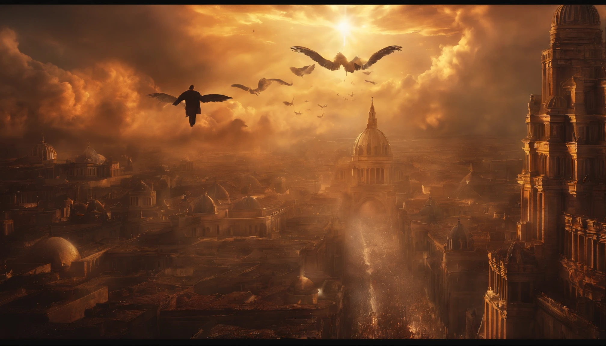 Many angels falling from heaven on a city, being cast out of heaven along with Lucifer