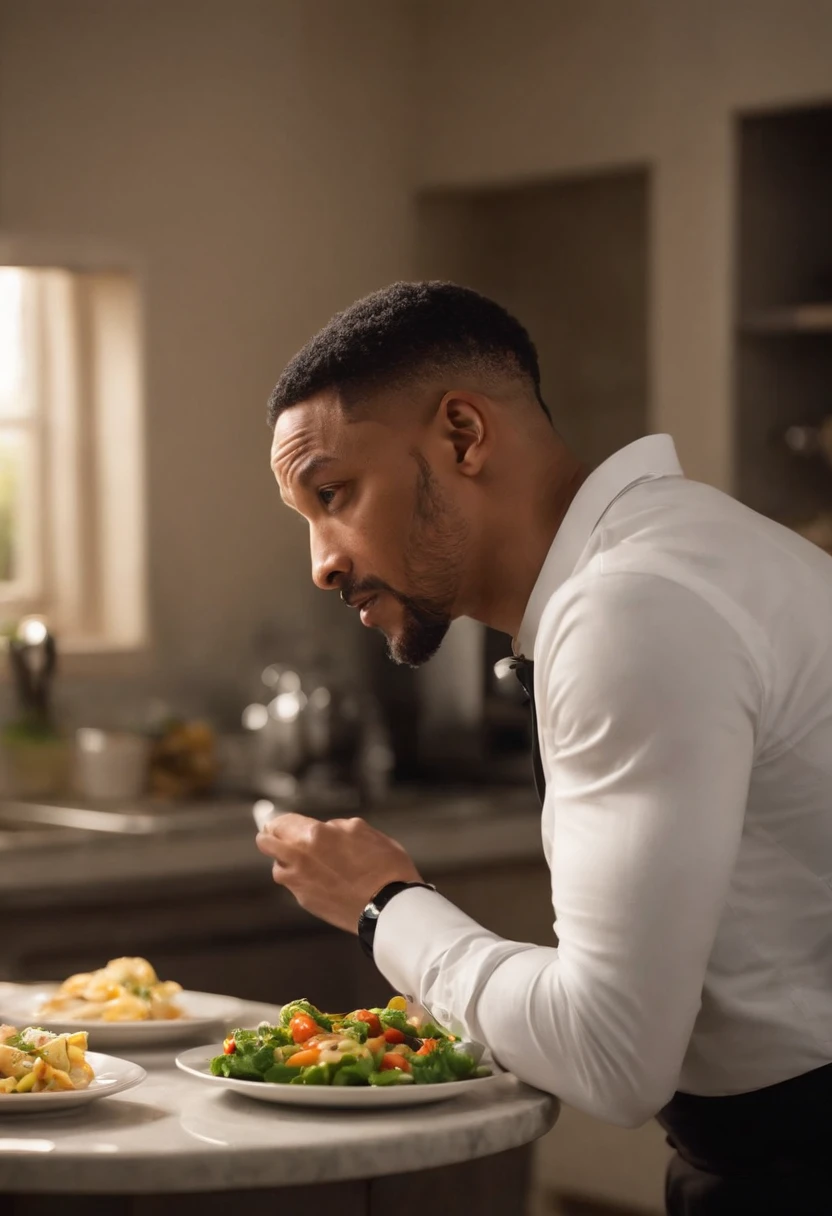 Imagina a Will Smith como el Hombre de Negro, wearing his iconic black suit and sunglasses, parado en medio de una cocina extraterrestre futurista. The kitchen is full of alien devices and utensils, con luces parpadeantes y superficies brillantes.
En la mano de Will Smith, Holds a plate uniquely, claramente de origen extraterrestre, which seems to float in the air due to advanced kitchen technology. The plate is empty, pero emite un brillo misterioso y futurista.
The Man in Black has an intrigued expression on his face as he looks at the plate., como si estuviera a punto de recibir algo sorprendente de origen desconocido. Alien lights and futuristic colors of the kitchen create an intriguing and suspenseful atmosphere in the scene.
This image captures the essence of the intrigue and mystery that characterize the film series. "Hombres de Negro" and features Will Smith in a truly alien setting, XF IQ4, 150MP, 50mm, ISO 1000, 1/250s, luz natural, Adobe Lightroom, Photo Lab, Foto de afinidad, PhotoDirector 365