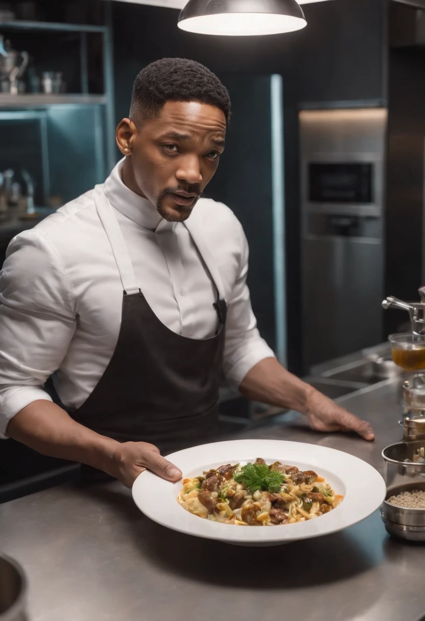 Imagina a Will Smith como el Hombre de Negro, wearing his iconic black suit and sunglasses, parado en medio de una cocina extraterrestre futurista. The kitchen is full of alien devices and utensils, con luces parpadeantes y superficies brillantes.
En la mano de Will Smith, Holds a plate uniquely, claramente de origen extraterrestre, which seems to float in the air due to advanced kitchen technology. The plate is empty, pero emite un brillo misterioso y futurista.
The Man in Black has an intrigued expression on his face as he looks at the plate., como si estuviera a punto de recibir algo sorprendente de origen desconocido. Alien lights and futuristic colors of the kitchen create an intriguing and suspenseful atmosphere in the scene.
This image captures the essence of the intrigue and mystery that characterize the film series. "Hombres de Negro" and features Will Smith in a truly alien setting, XF IQ4, 150MP, 50mm, ISO 1000, 1/250s, luz natural, Adobe Lightroom, Photo Lab, Foto de afinidad, PhotoDirector 365