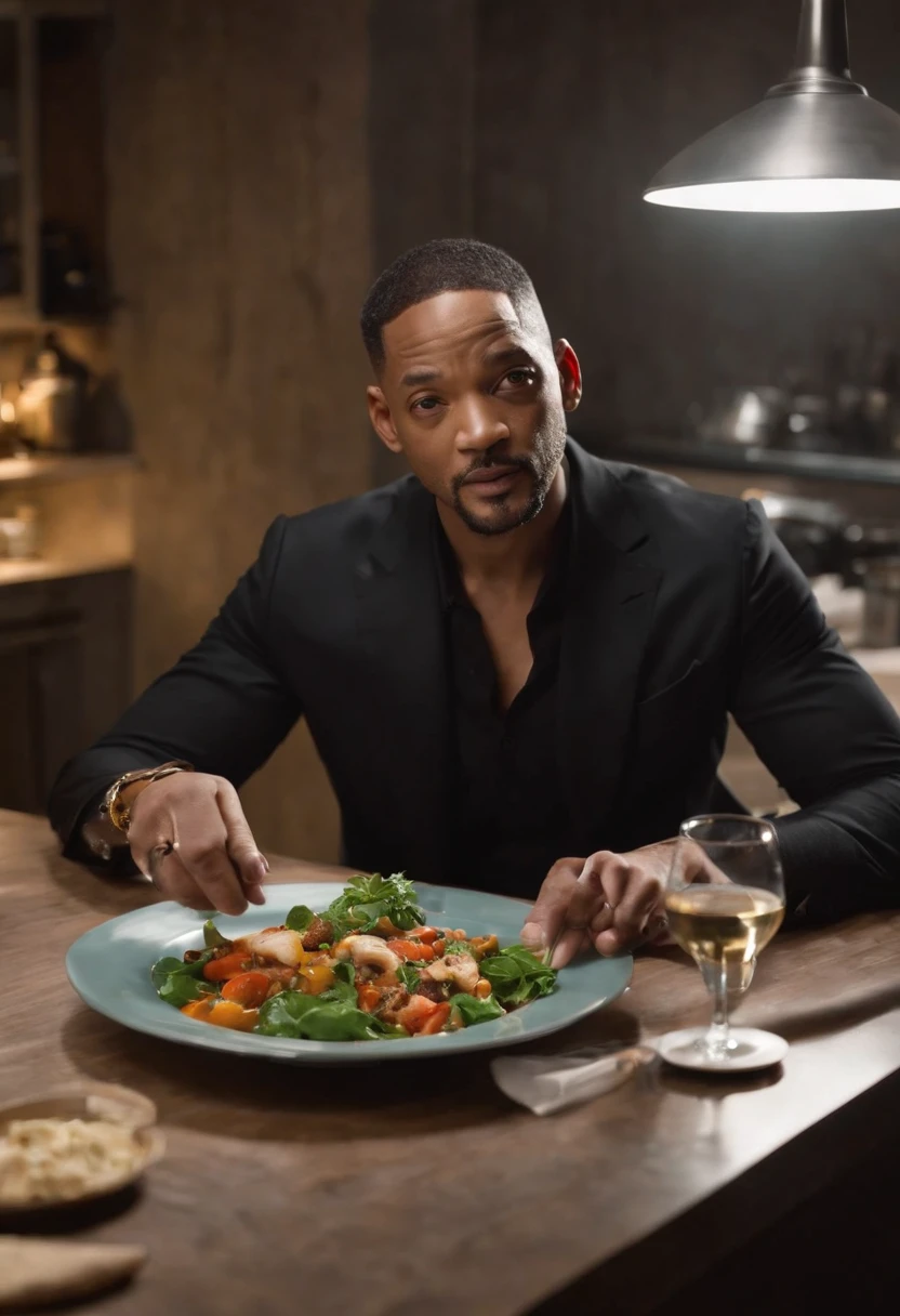 Imagina a Will Smith como el Hombre de Negro, wearing his iconic black suit and sunglasses, parado en medio de una cocina extraterrestre futurista. The kitchen is full of alien devices and utensils, con luces parpadeantes y superficies brillantes.
En la mano de Will Smith, Holds a plate uniquely, claramente de origen extraterrestre, which seems to float in the air due to advanced kitchen technology. The plate is empty, pero emite un brillo misterioso y futurista.
The Man in Black has an intrigued expression on his face as he looks at the plate., como si estuviera a punto de recibir algo sorprendente de origen desconocido. Alien lights and futuristic colors of the kitchen create an intriguing and suspenseful atmosphere in the scene.
This image captures the essence of the intrigue and mystery that characterize the film series. "Hombres de Negro" and features Will Smith in a truly alien setting, XF IQ4, 150MP, 50mm, ISO 1000, 1/250s, luz natural, Adobe Lightroom, Photo Lab, Foto de afinidad, PhotoDirector 365
